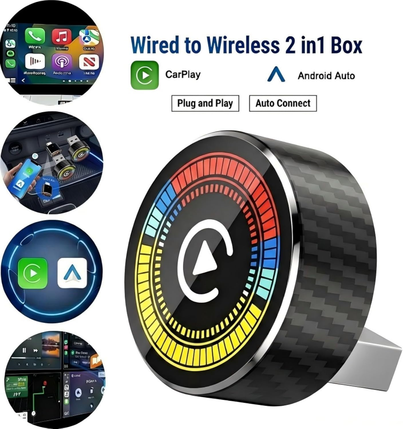 2-In-1 Wireless Carplay Adapter & Android Auto Wireless Adapter, Mini Carbon Fiber Design, 5.8Ghz Wifi No Delay Dongle for Cars with Factory Wired Carplay, Plug & Play, Includes USB & USB-C image number 2