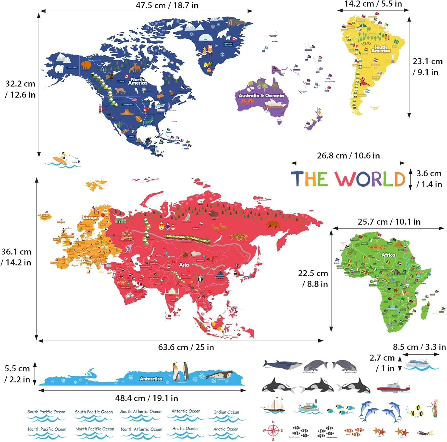 DECOWALL BS-115 the Large World Wall Stickers Peel and Stick Removable Art Living Room Nursery Kids Bedroom image number 6