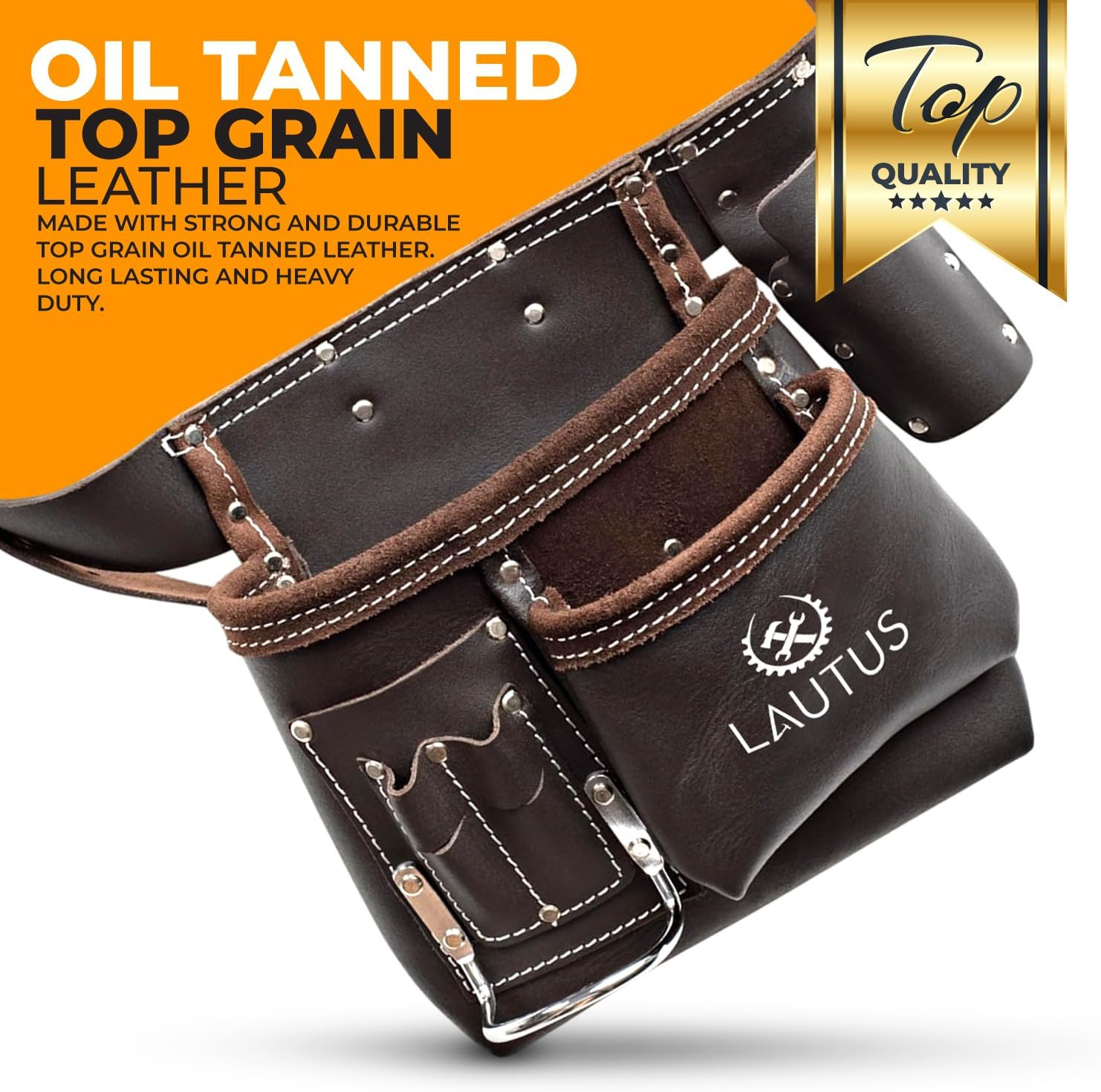LAUTUS 5 Pocket Oil Tanned Tool Belt/Pouch/Bag/Apron Carpenter, Construction, Framers, Handyman, Electrician | 32-Inch to 46-Inch | Brown| Hammer Holder| Built Tough| image number 4