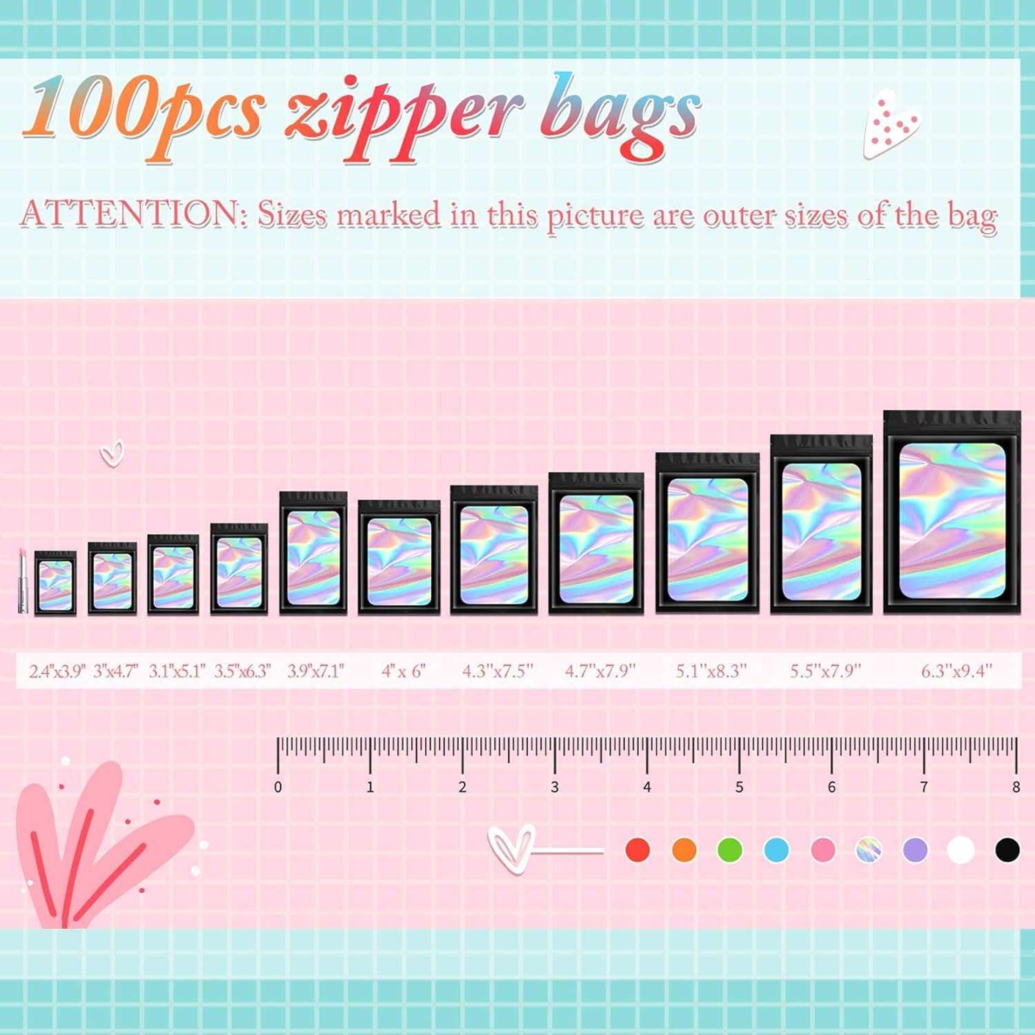 100 Pcs Black Mylar Holographic Bags Packaging Bags,Clear Resealable Bag Foil Pouch Bag for Food Storage and Lipgloss,Jewelry,Eyelash Packaging for Small Business(2.4X3.9Inch) image number 1