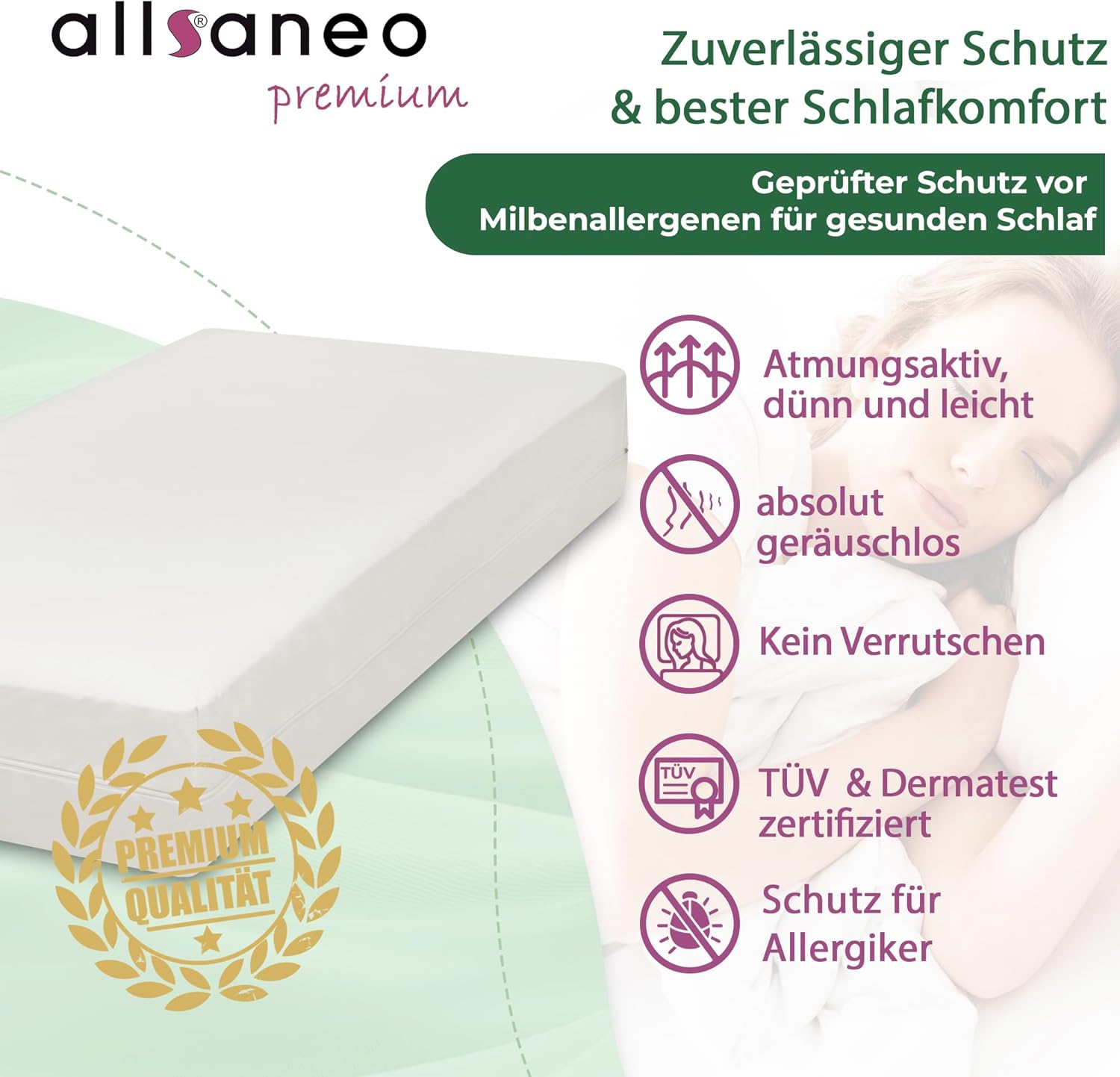 Allsaneo Premium Encasing Mattress Cover 160 X 200 X 24 Cm, Allergy Sufferers Bed Linen, Extra Soft and Light, Anti-Dust Mite Intermediate Cover for Mattress image number 2