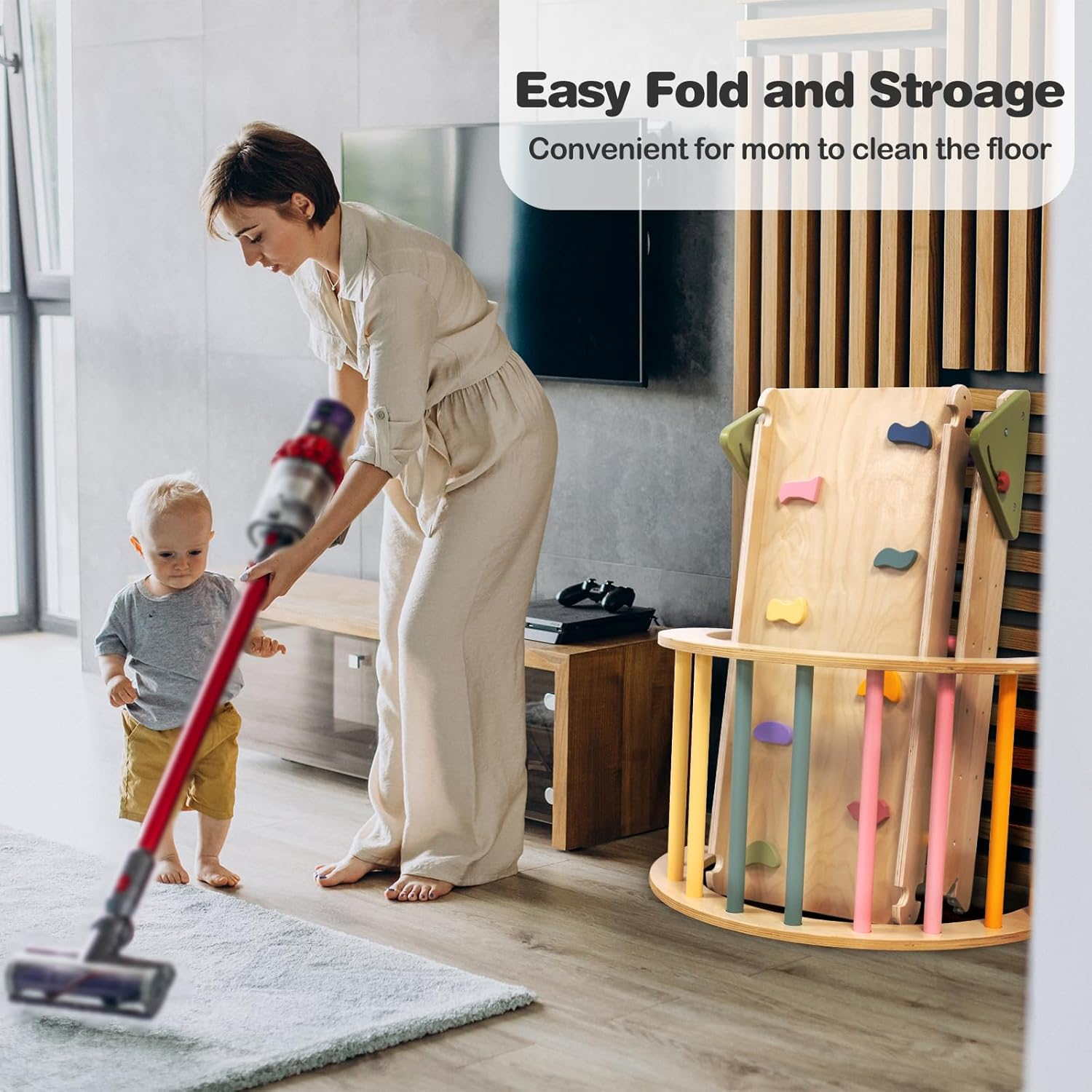 Pikler Triangle Set Montessori Toddler Climbing Toys Indoor, Foldable for 1-3 Inside, 3 Piece Baby Gym Indoor Playground image number 6