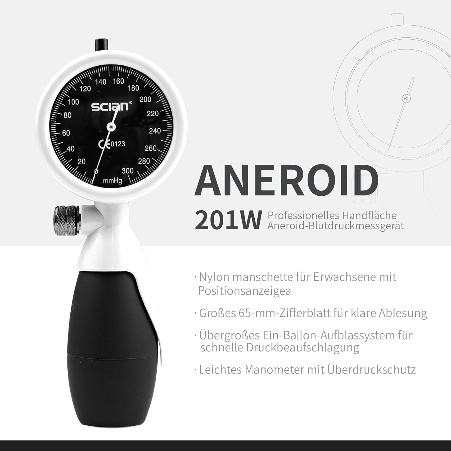 SCIAN Manual Sphygmomanometer Aneroid Sphygmomanometer for Upper Arm Measurement with European Cuff (22-42Cm) + Carry Bag for Nurses, Doctors, Seniors, Adults (White) image number 4