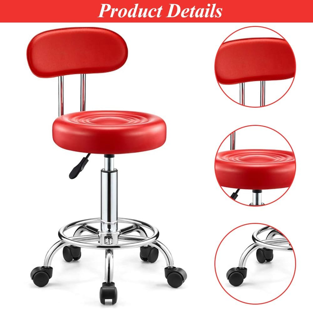 TOMVAES Rolling Stool with Back,Pu Leather Height Adjustable Swivel Task Chair with Footrest for Home Office,Salon,Spa (Red) (Red)