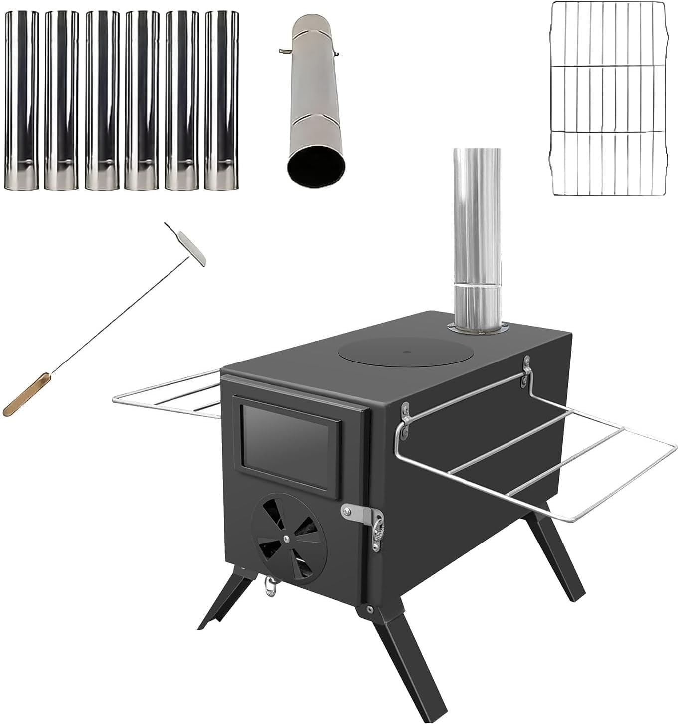 Ruaizel Portable Carbon Steel Firewood Stove, Camping Wood Stove with Chimney Pipes, Foldable Camping Stove, Hot Tent Stove for Cooking Heating Drying Clothes