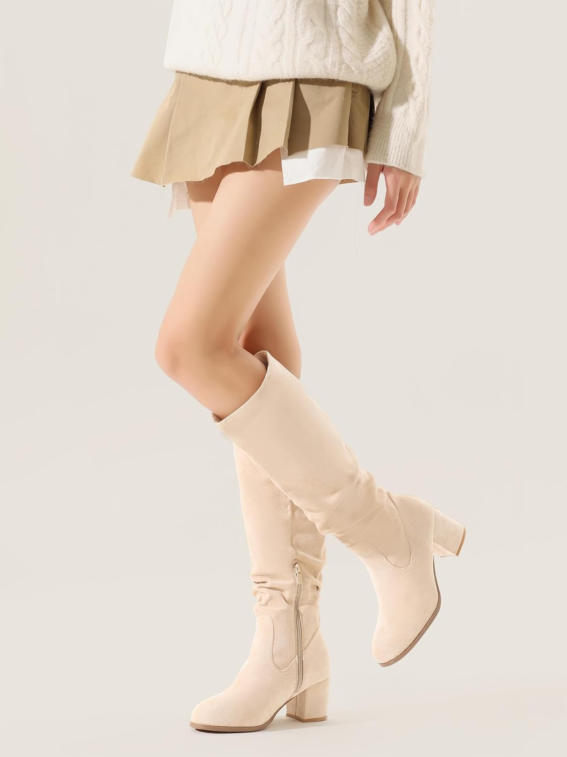 Shoe'N Tale Women'S Knee High Boots Chunky Heel Pointed Toe Suede Slouch Winter Shoes with Side Zipper image number 7