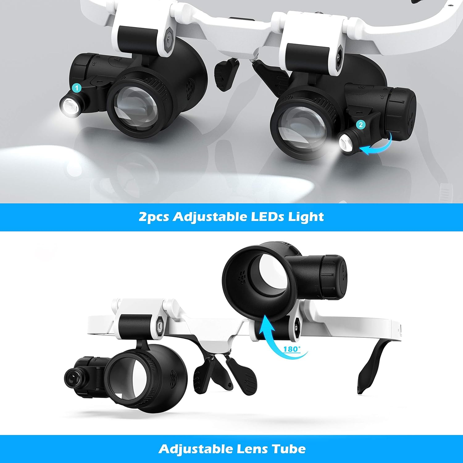 Adjustable Headband Magnifying Glass with Led Light, 4 Removable Lenses, 2 LED Lights, Hands-Free Reading Magnifier for Close Work, Jewelry, Craft, Watch, Hobby and Reading (7X, 10X, 15X, 25X) image number 5