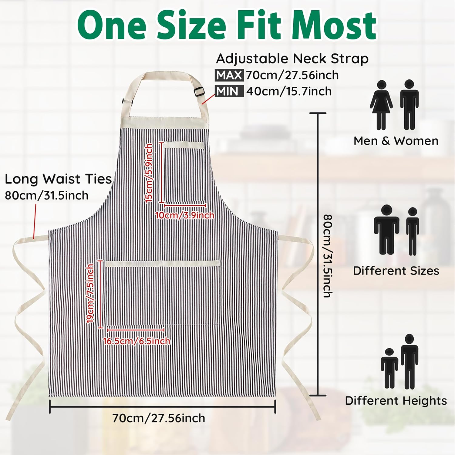 2 Pack Stripe Kitchen Apron, Adjustable Bib Soft Apron with 3 Pockets, Chef Aprons for Men Women, Cooking Aprons for BBQ Painting Gardening Baking Restaurant image number 2