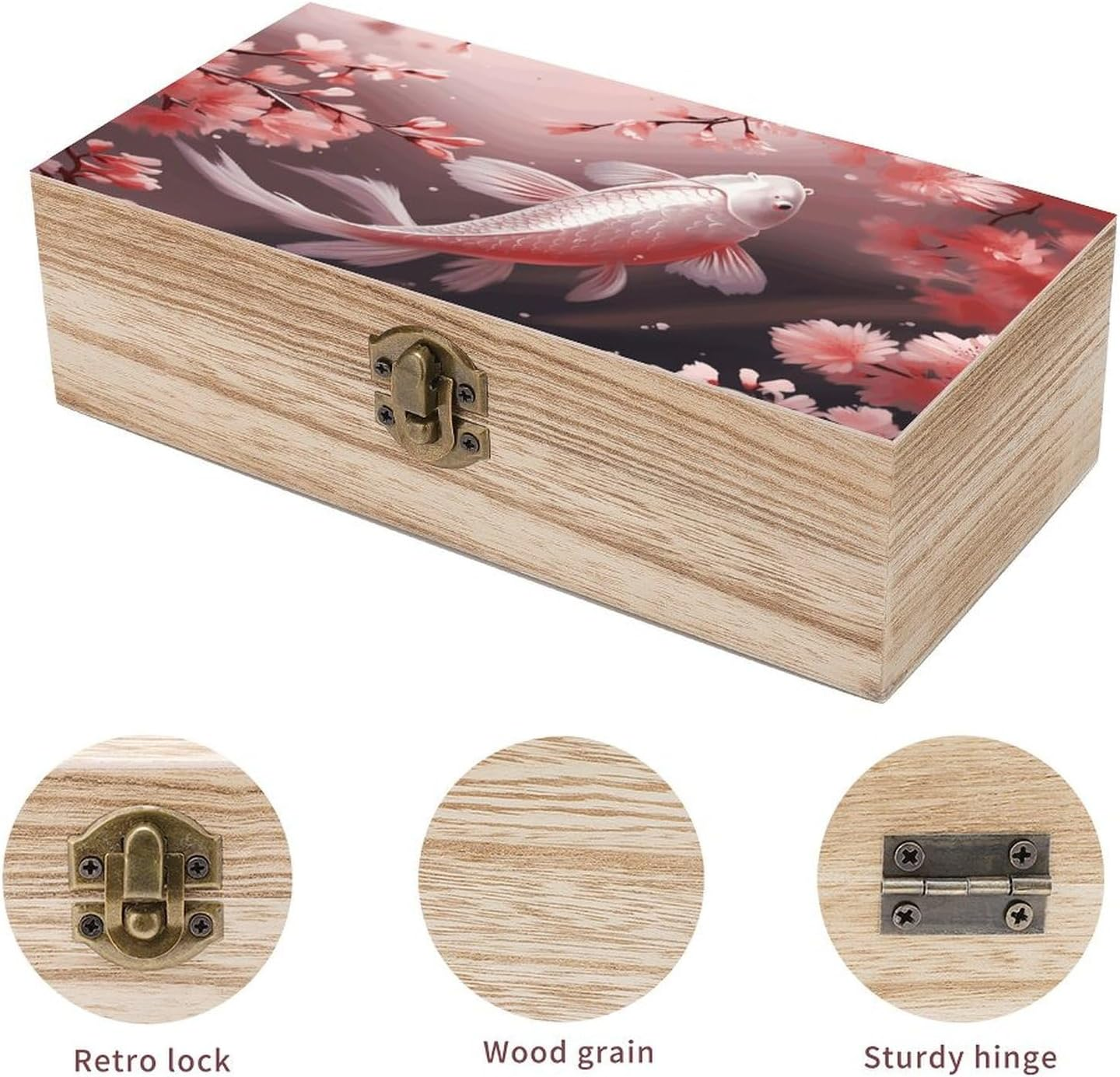 Red Carp Wooden Box Wood Wedding Keepsake Boxes with Lids Small Decorative Boxes Lightweight Wooden Memory Storage Box for Crafts Keepsakes Jewelry Photo Letter Storage