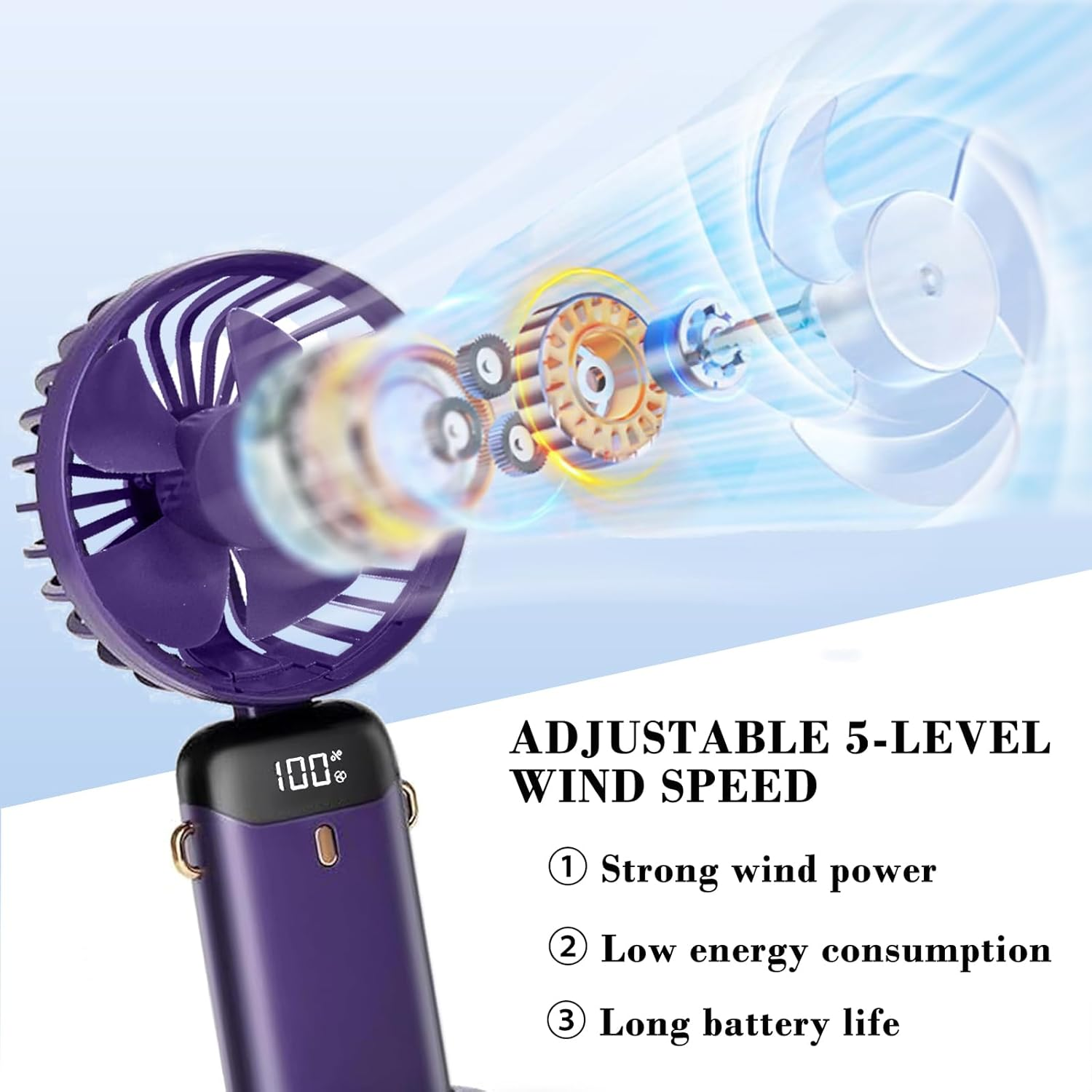 LXSMPWY Handheld Fan with Digital Display - 5 Speed Foldable USB Desk Fan, 1200Mah (8Hrs on Low), 90&deg; Adjustable, 200G Ultra Light, Portable Fan for Office Travel Camping Outdoor - Purple - Purple image number 4