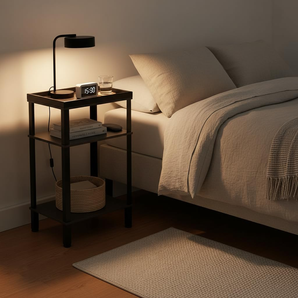 Side Table for Small Spaces,3 Tier End Table with Metal Tabletop Tray Storage Shelf, Small Narrow Thin End Table Bedside Table,Nightstand for Hallway,Living Room,Bedroom, Office (Grey) - Rustic Brown image number 6