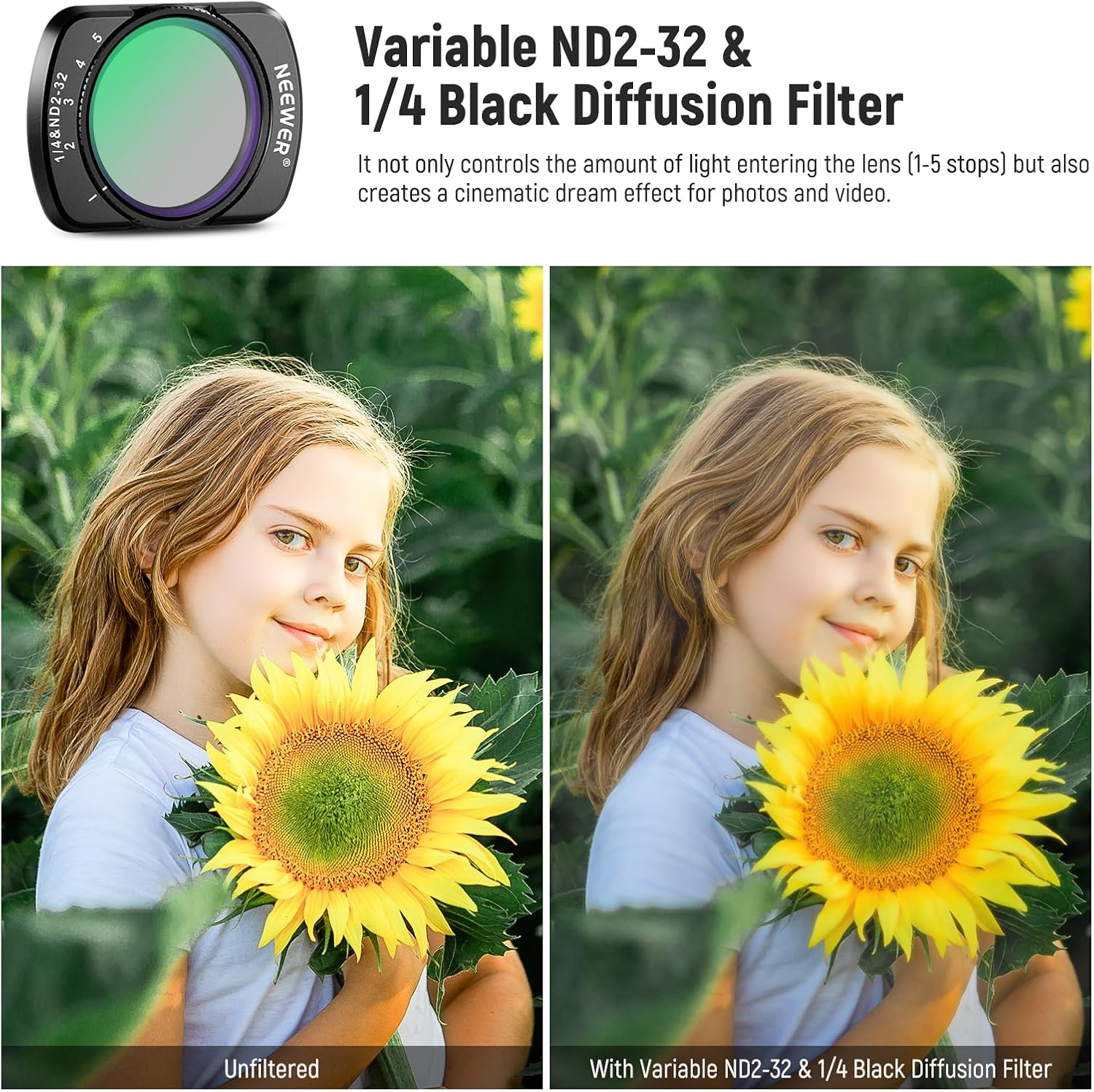 NEEWER Variable ND & 1/4 Black Diffusion Effect Filter Compatible with DJI Osmo Pocket 3 Creator Combo Accessories, Magnetic Action Camera ND2-32 Lens Filter Kit & 2 Screen image number 3