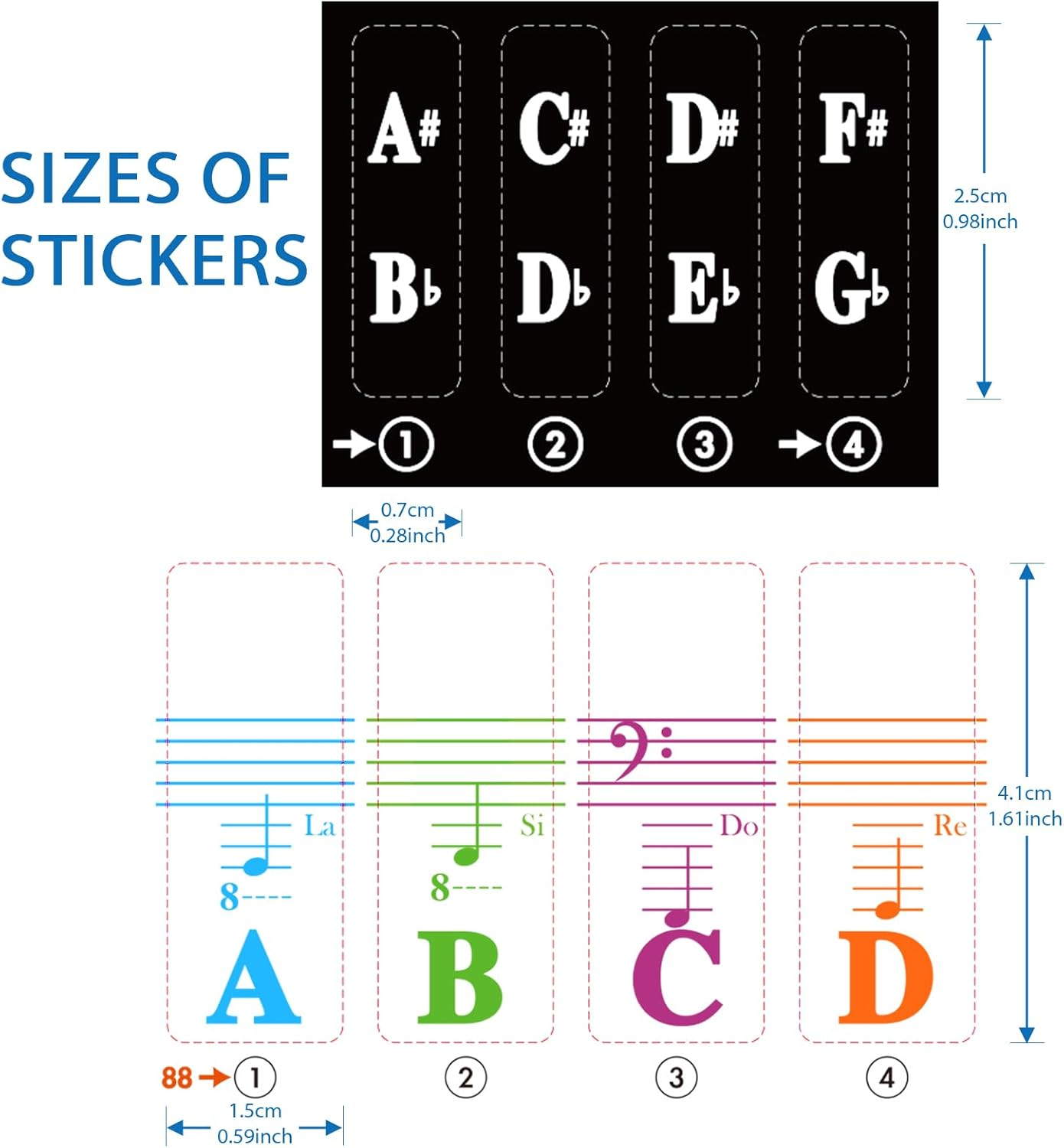 Piano Stickers, Piano Key Stickers for 88/61/54/49/37 Key Full Set for White and Black Keys, Colorful Bigger Letter-Thinner Transparent Removable with Cleaning Cloth - Color Lines image number 2