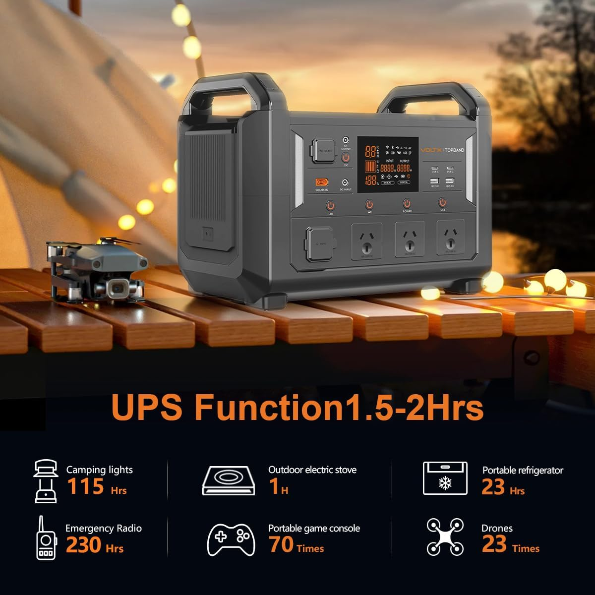 Voltx Topband 1200W Power Station Portable &ndash; 1152Wh Lifepo4 Generator with Pure Sine Wave Inverter, UPS Mode，Fast 2‑Hour Recharge, Ac/Dc/Solar Charging &ndash; Home & Camping Backup image number 6