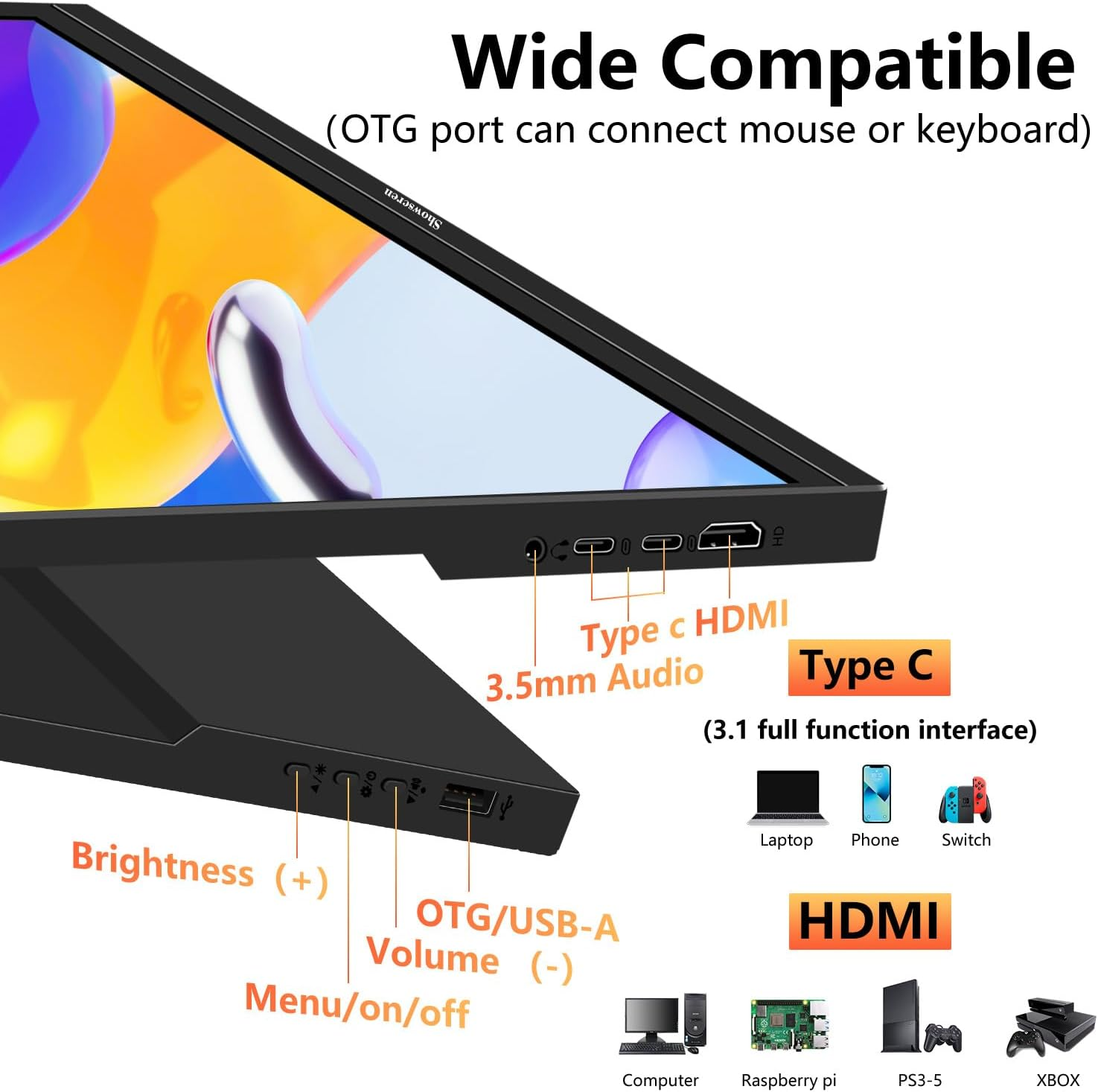 Portable Monitor 16Inch, Full HD 1920X1200P Display 300Cd/Brightness,60Hz IPS LCD Panel,100% RGB, Built-In Speaker, HDMI USB C Portable Monitor for Laptop PC PS3/PS4 Switch image number 4