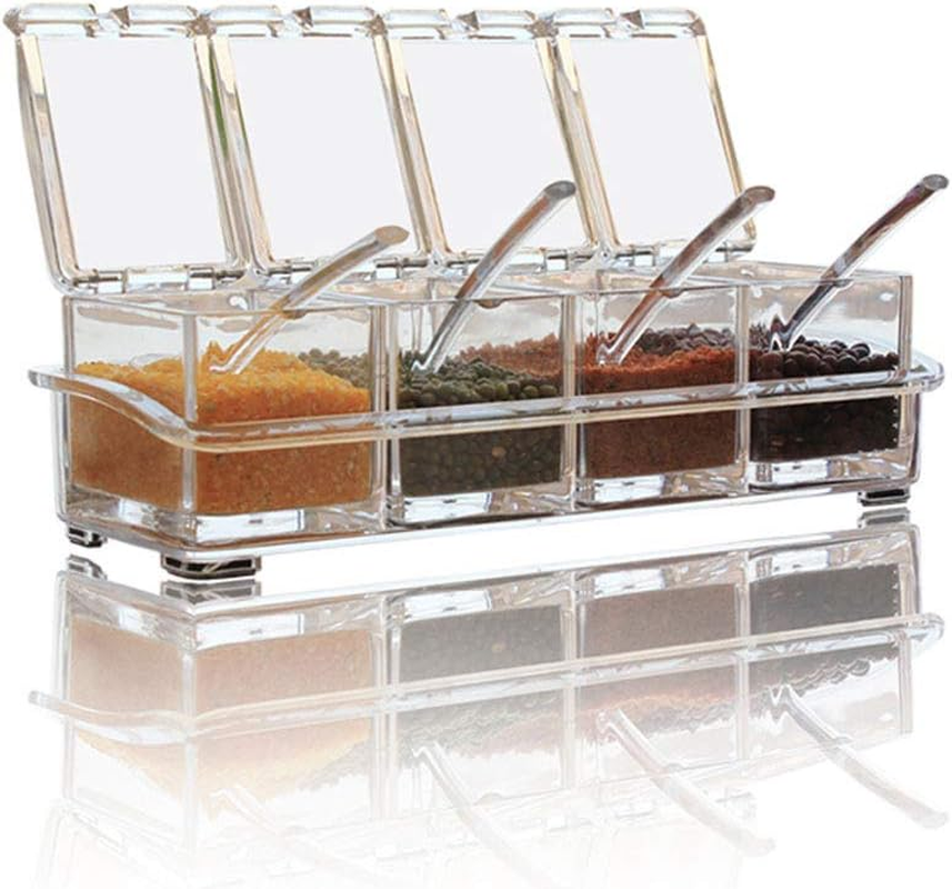 Clear Seasoning Box,4 Pieces Clear Seasoning Storage Container for Spice Salt Sugar Cruet,Condiment Jars with Spoons