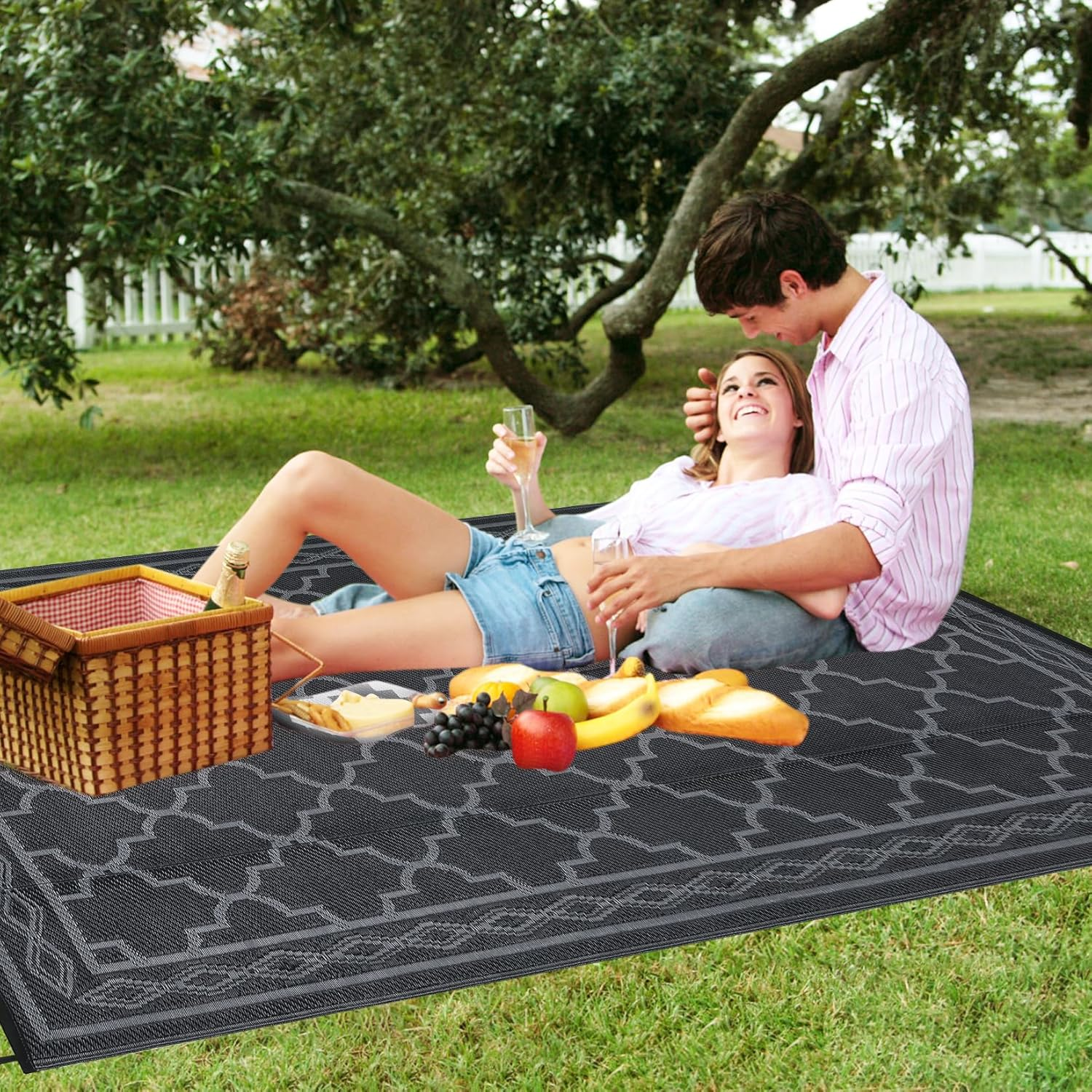 Lintimes Outdoor Rug for Patio Clearance, 152 X 244 Cm Reversible Mats, Waterproof Carpet, Plastic Straw Rug for Indoor Outdoor, Floor Mat&Rug for RV Porch Backyard Deck Beach, Black Gray image number 2