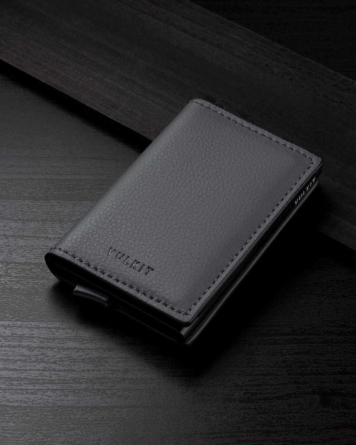VULKIT Credit Card Holder RFID Blocking Leather Automatic Pop up Wallet Aluminum Slim Pocket Bifold Business Card Case - Brown image number 3