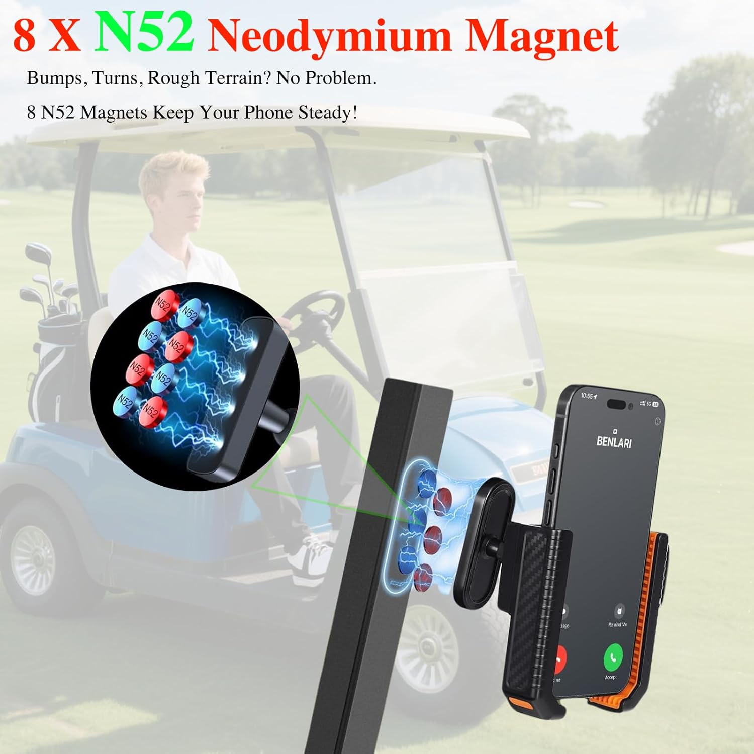 Magnetic Golf Cart Phone Holder &ndash; Strong N52 Magnet Phone Mount Compatible with Club Car, Fits All Smartphones, Golf Phone Caddy Accessory for Men & Women image number 2