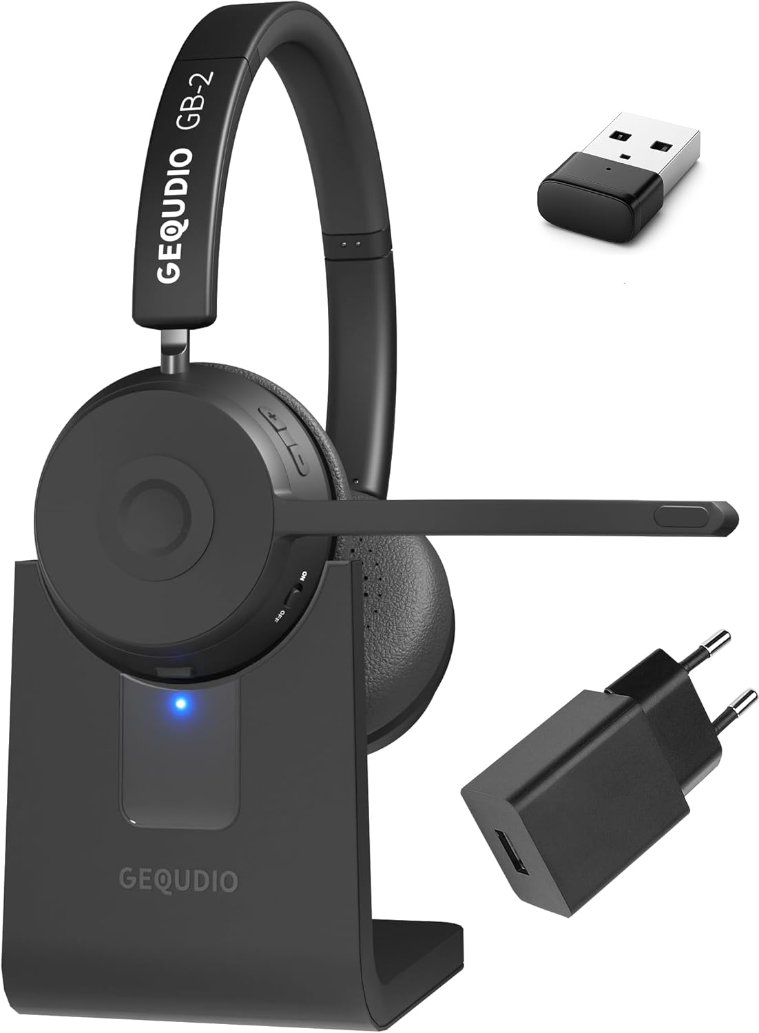 GEQUDIO GB-2 Bluetooth Headset with Microphone, Passive Noise Cancelling, Wireless Headphones, Connect 2 Devices Simultaneously (Smartphone, Mobile Phone, PC) Standby 500H (With USB Adapter, Charger, image number 1
