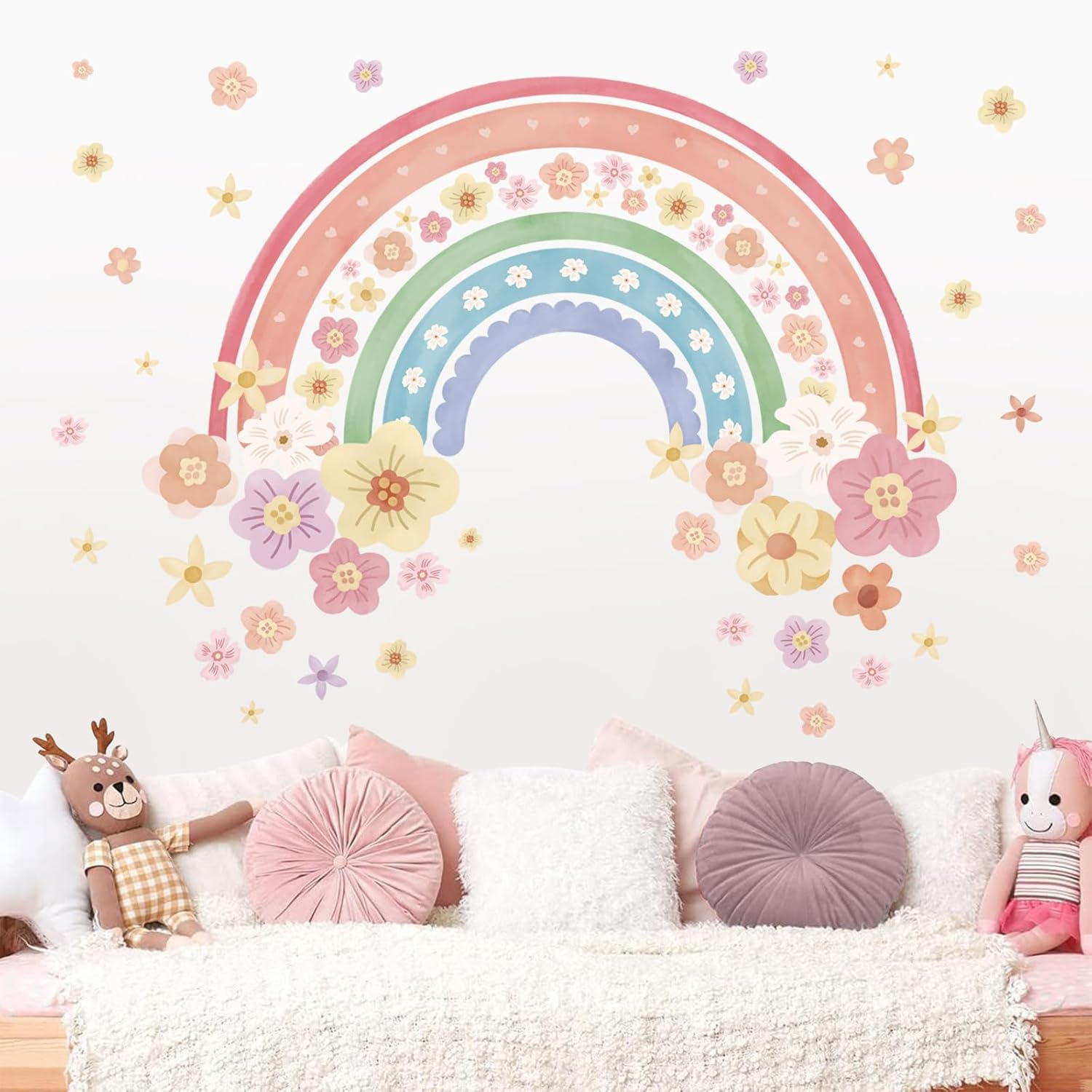 Wondever Large Rainbow Wall Decals Unicorn Flower Peel and Stick Wall Art Stickers for Girls Bedroom Kids Room Baby Nursery