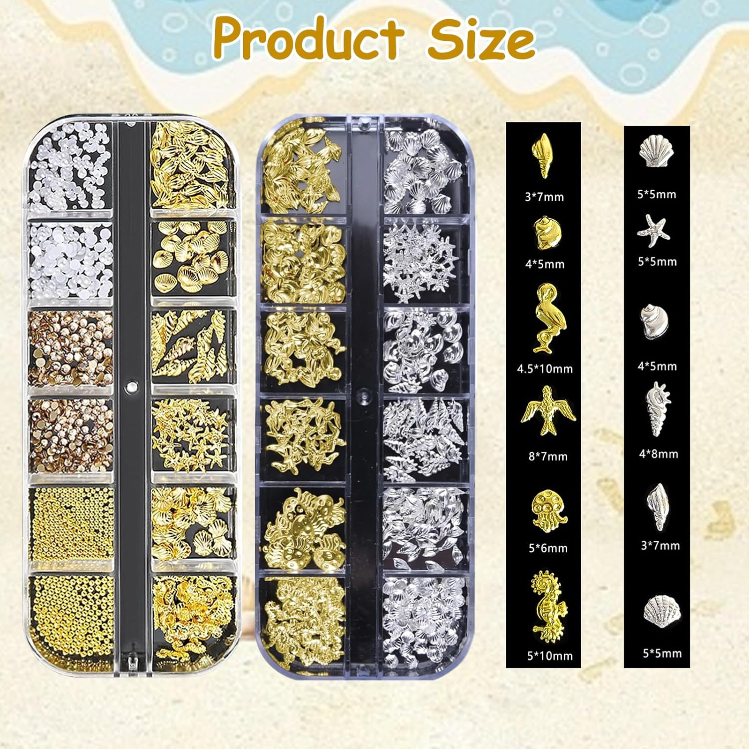 3D Nail Charms, 2 Boxes Gold Silver Nail Stuff Nail Gems Rhinestones Charms, 3D Ocean Nail Studs Starfish Shell Seahorse Metal Nail Charms for Women Girls Nail Art DIY Accessories