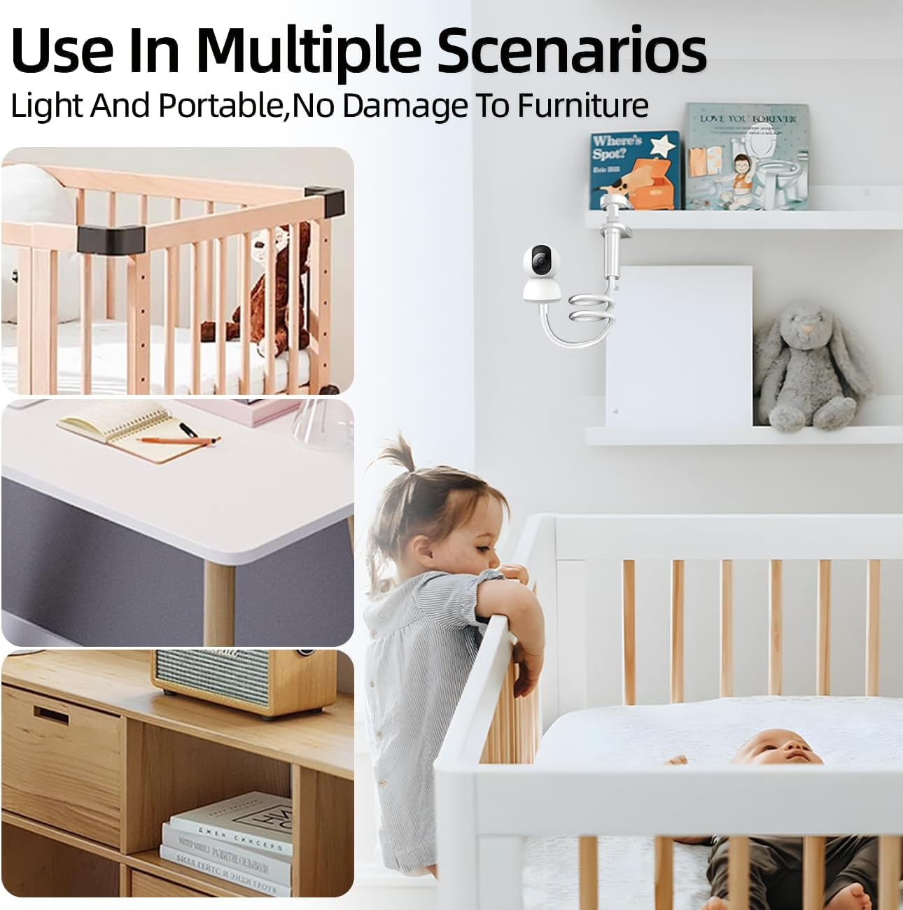 Eymann Universal Baby Monitor Holder-Flexible Baby Monitor Mount with 1/4 Screw,No Drilling Required Crib Camera Stand,Compatible with Arlo, Motorola, Hello Baby and Most Monitor Cameras(Clip on 0.8M) image number 3