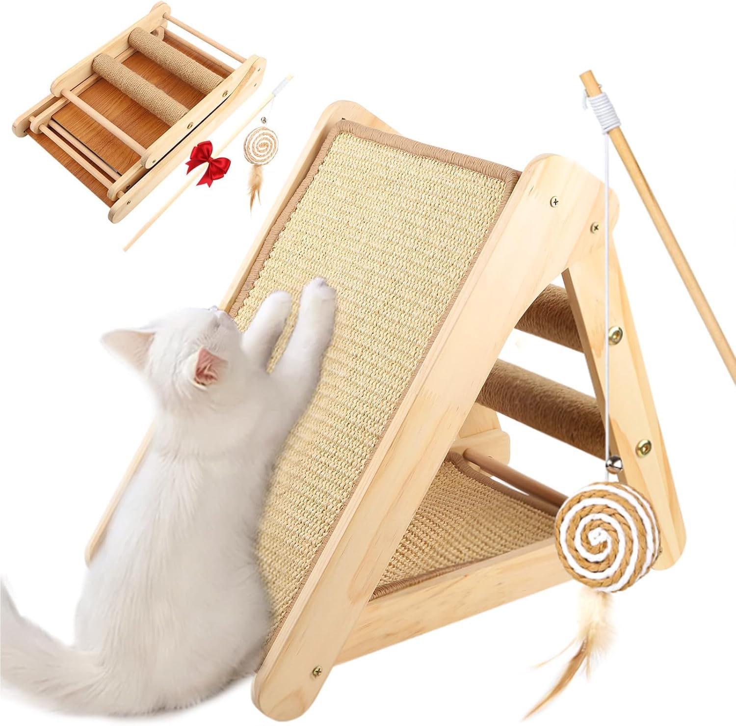 Cozioz Wooden Cat Scratching Ramp with Sisal Surface, Durable Scratch Board and Post Combo for Indoor Cats and Kittens, Includes Interactive Wood Cat Teaser Toy image number 3