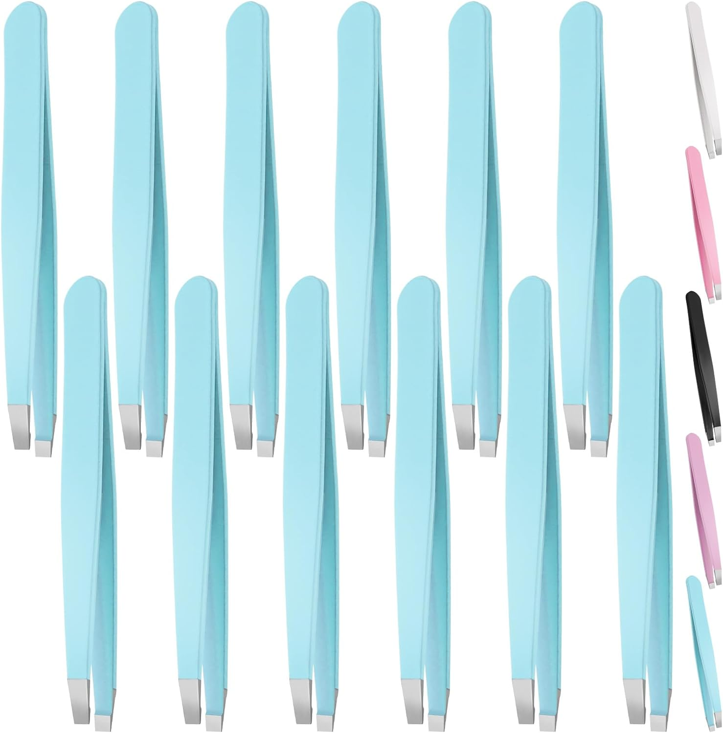 Swpeet 4Pcs 3.79 Inches Multi-Color Eyebrow Tweezers Stainless Steel Tweezers Kit with Leather Travel Case, Professional Slant Pointed Precision Tweezers Great Precision for Eyebrows Facial Hair