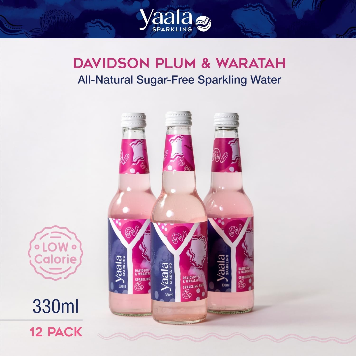 Yaala Sparkling Davidson Plum & Waratah, Refreshing Sparkling Water, All-Natural Australian Ingredients, Sugar-Free, Low-Calorie, Elevated Hydration, 330Ml, 12 Pack