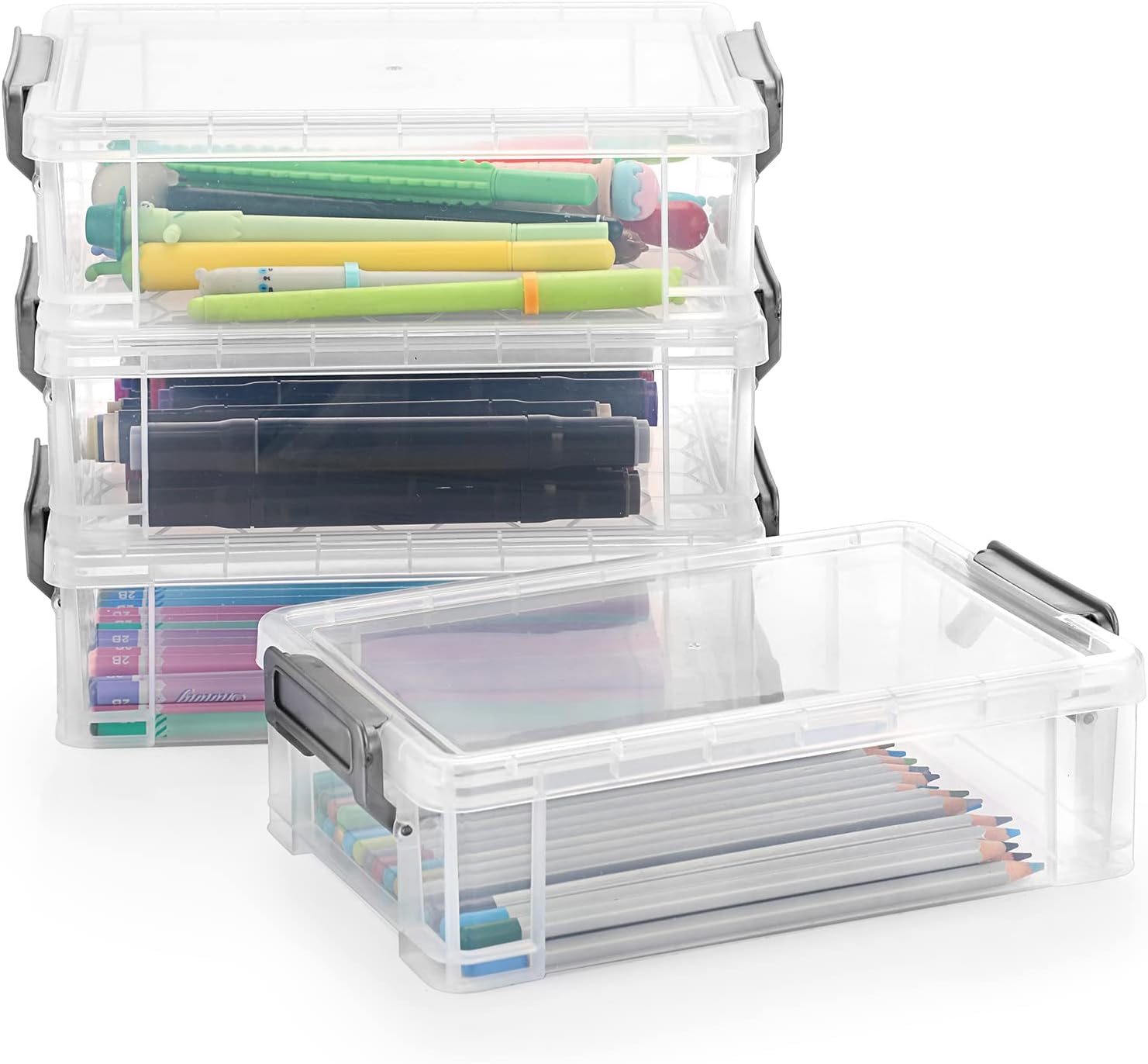 BTSKY 4 Pack Extra Large Capacity Plastic Pencil Box Stackable Translucent Clear Office Supplies Storage Organizer for Gel Pens Erasers Tape Pens Markers Etc(Grey) - Blue image number 4