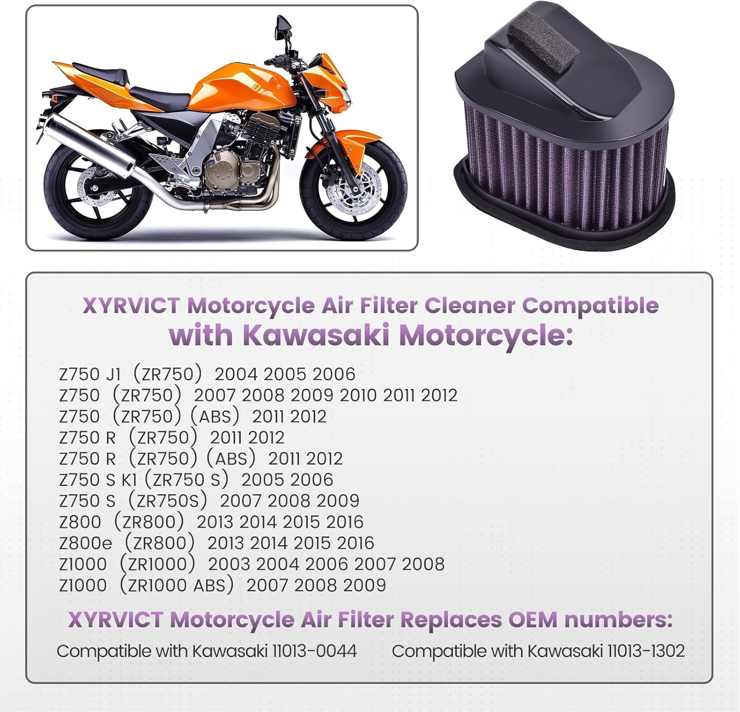 Air Filter for Kawasaki Z1000 2003-2009 Z800 2013-2016 Z750 2004-2012 Z750S 2005-2007, 11013-0044 11013-1302, Air Element High Performance Airflow image number 1
