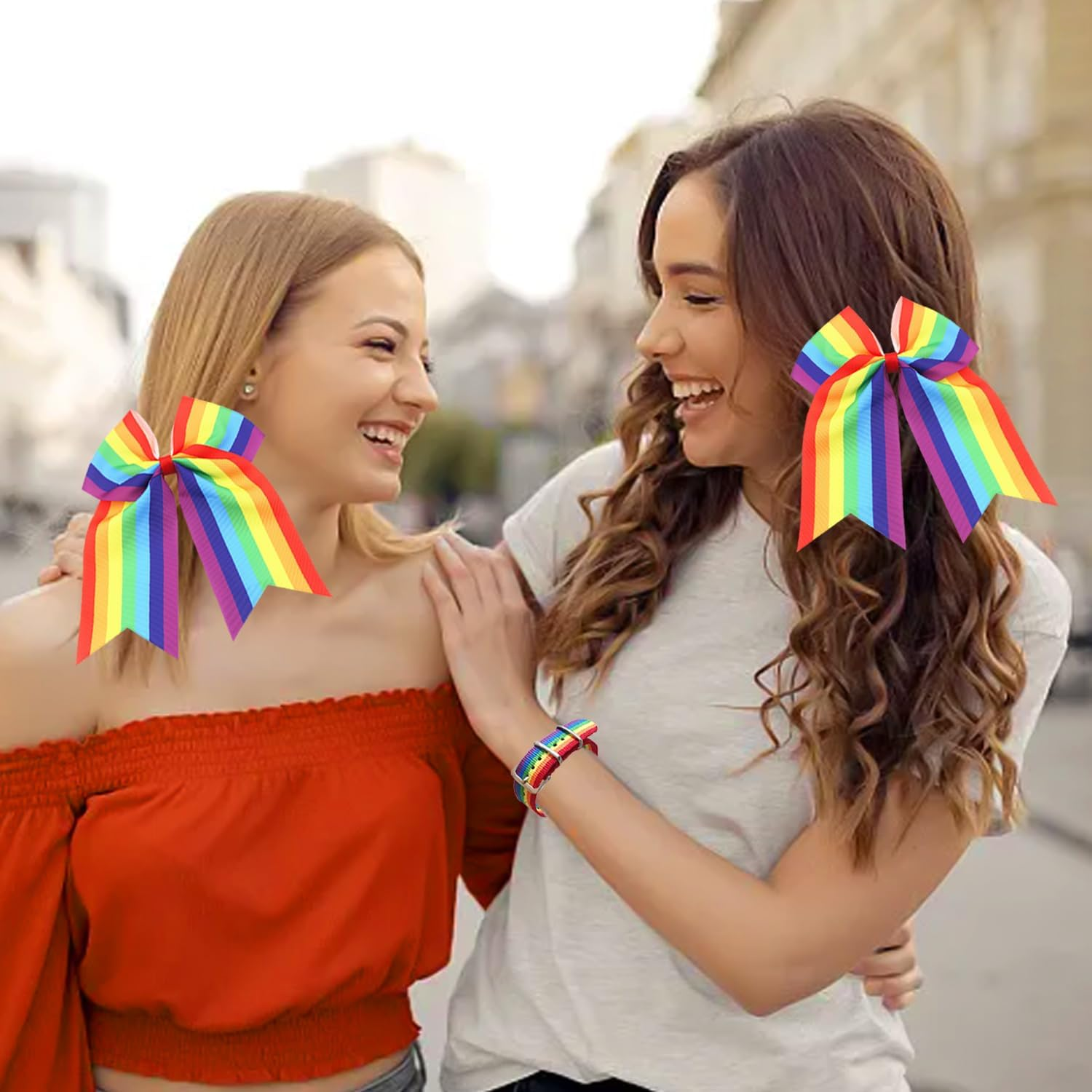 Pack of 2 Rainbow Bow Hair Accessories and 2 Rainbow Bracelets, Elastic Hair Band for Rainbow Pride, Rainbow Accessories, Suitable for Parties, Parades, Carnival and Everyday Wear. image number 3