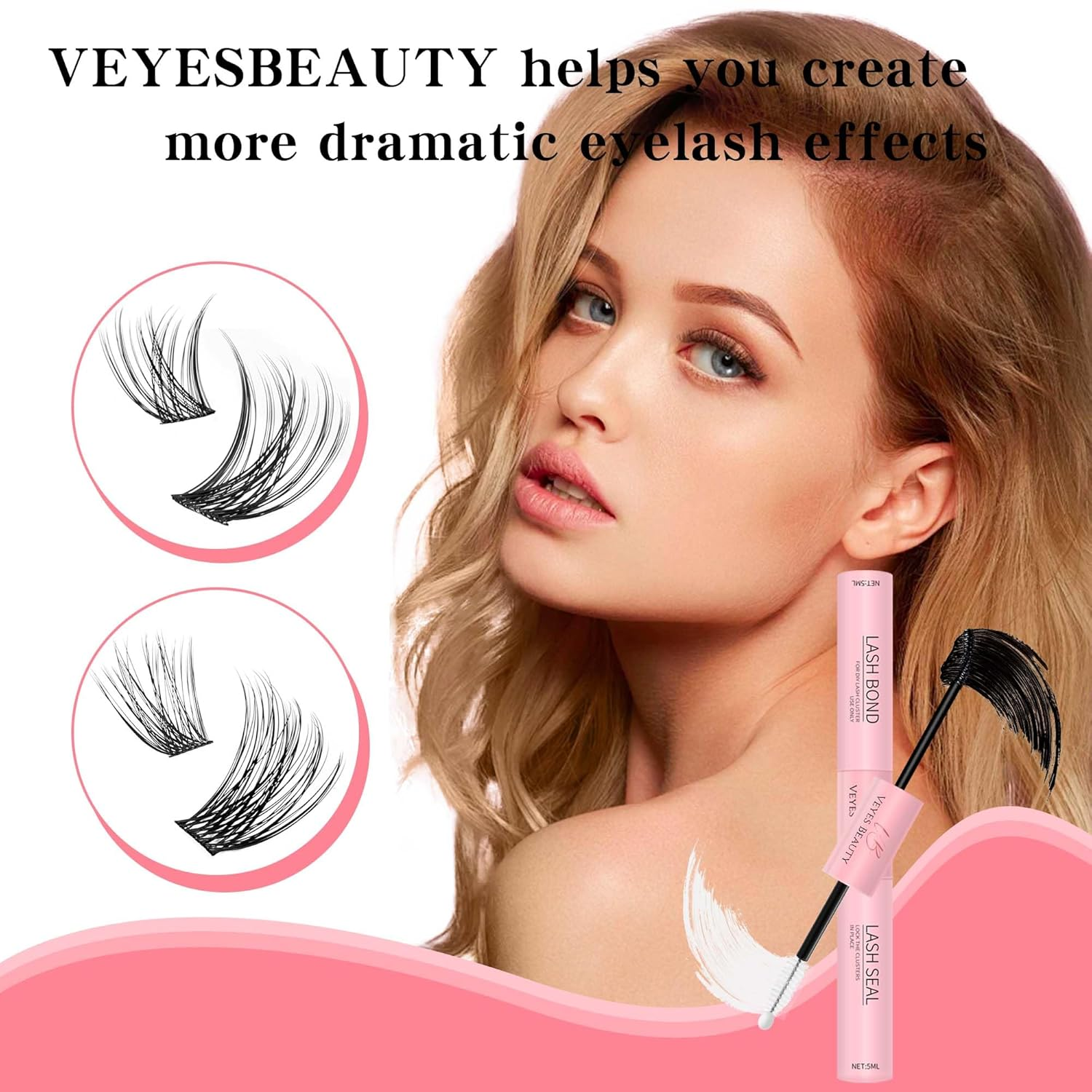VEYESBEAUTY Lash Bond and Seal Waterproof 2 in 1 Lash Cluster Glue for DIY Eyelash Extensions Long Lasting Strong Hold Individual Eyelash Glue for Self-Application at Home (5Ml+5Ml) image number 2