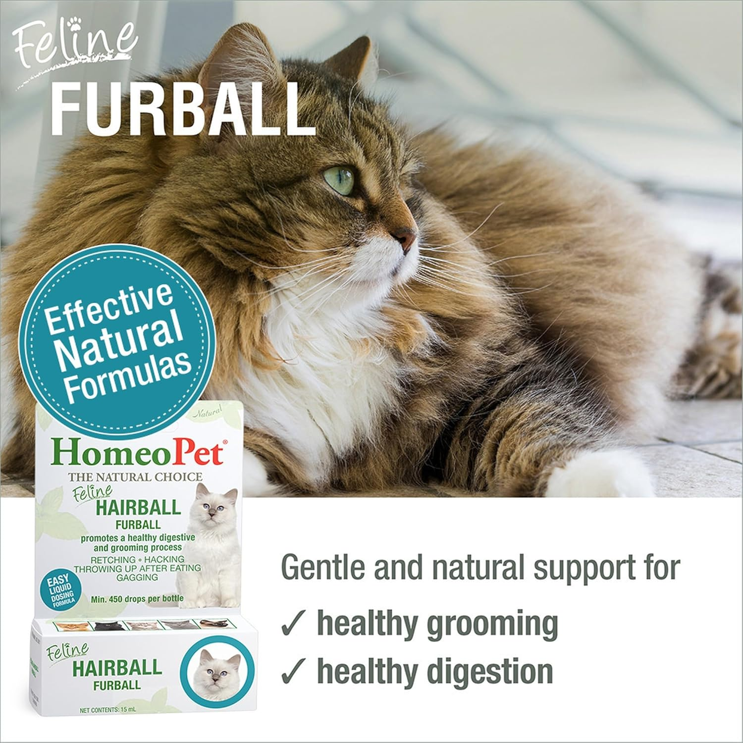 Homeopet Feline Furball Hairball Drops 15Ml | Natural Hairball Support for Cats & Kittens | Helps Ease Hacking, Retching & Digestive Discomfort | Homeopathic Liquid Drops | All Ages & Breeds image number 3
