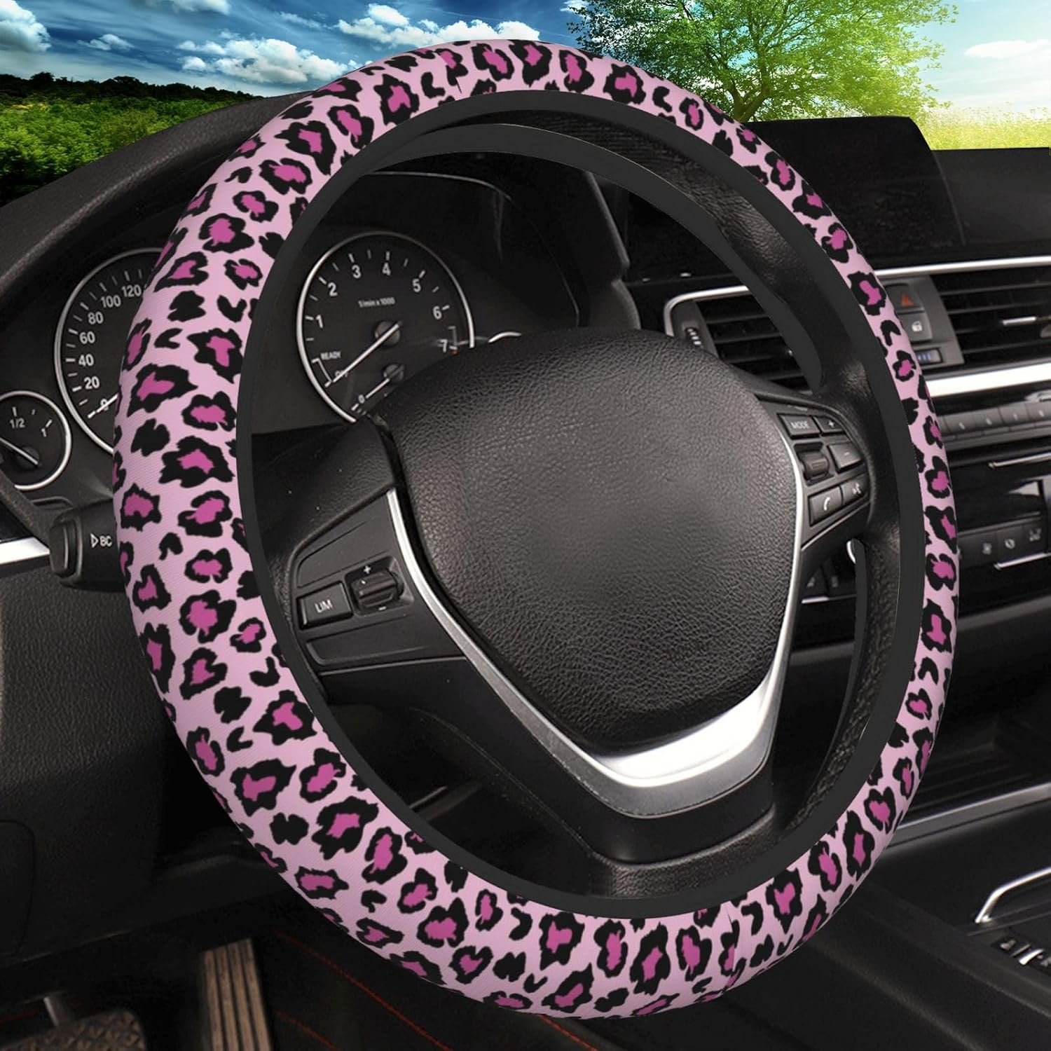 Black Leopard Print Cheetah Elastic Steering Wheel Cover, Non-Slip Breathable Neoprene Steering Wheel Covers, Women Leopard Car Accessories, Universal 15 Inch Fit Auto, Suvs, Truck - Animal Leopard image number 7