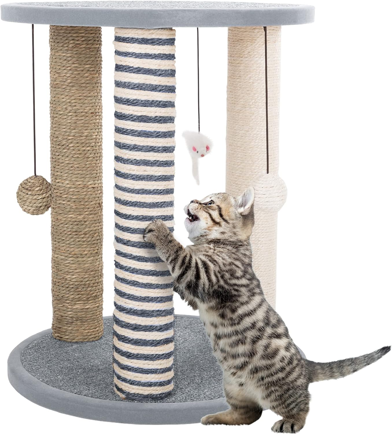 PETMAKER Cat Scratching Post - 3 Scratcher Posts with Carpeted Base Play Area and Perch - Furniture Scratching Deterrent for Indoor Cats by (Brown)