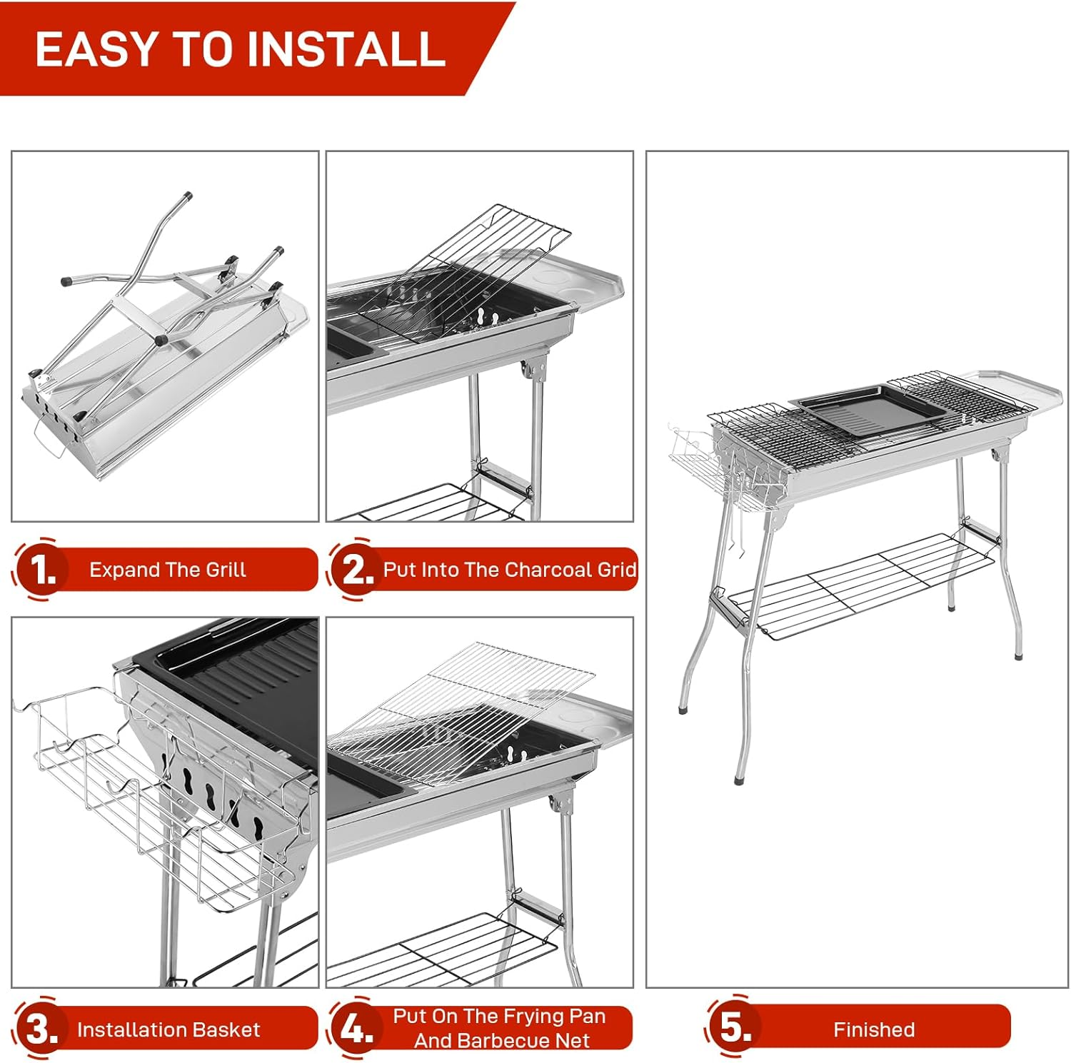 Large Stainless Steel BBQ Charcoal Grill, 39 X 12X 28" Portable & Foldable Barbecue Grill, Outdoor Patio Garden Heating Smoker for Cooking Camping Hiking Picnic Garden Beach Party image number 2