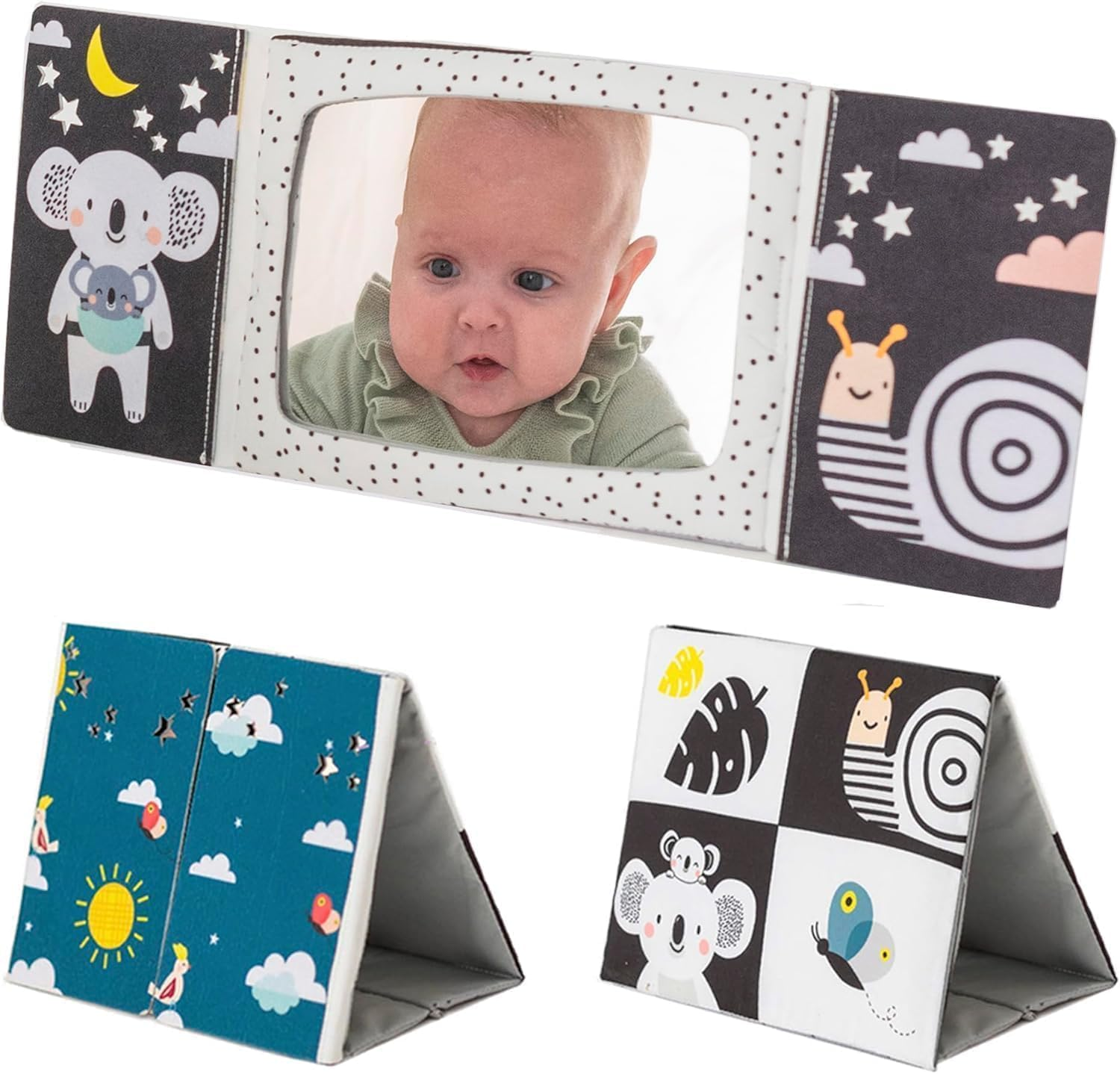 Taf Toys Tummy Time Floor Mirror Book for Babies High Contrast Activity Montessori Newborn Toys, Black and White Baby Toys, Sensory Infant Toy 0-3 Months Newborn Essential for Tummy Time image number 3