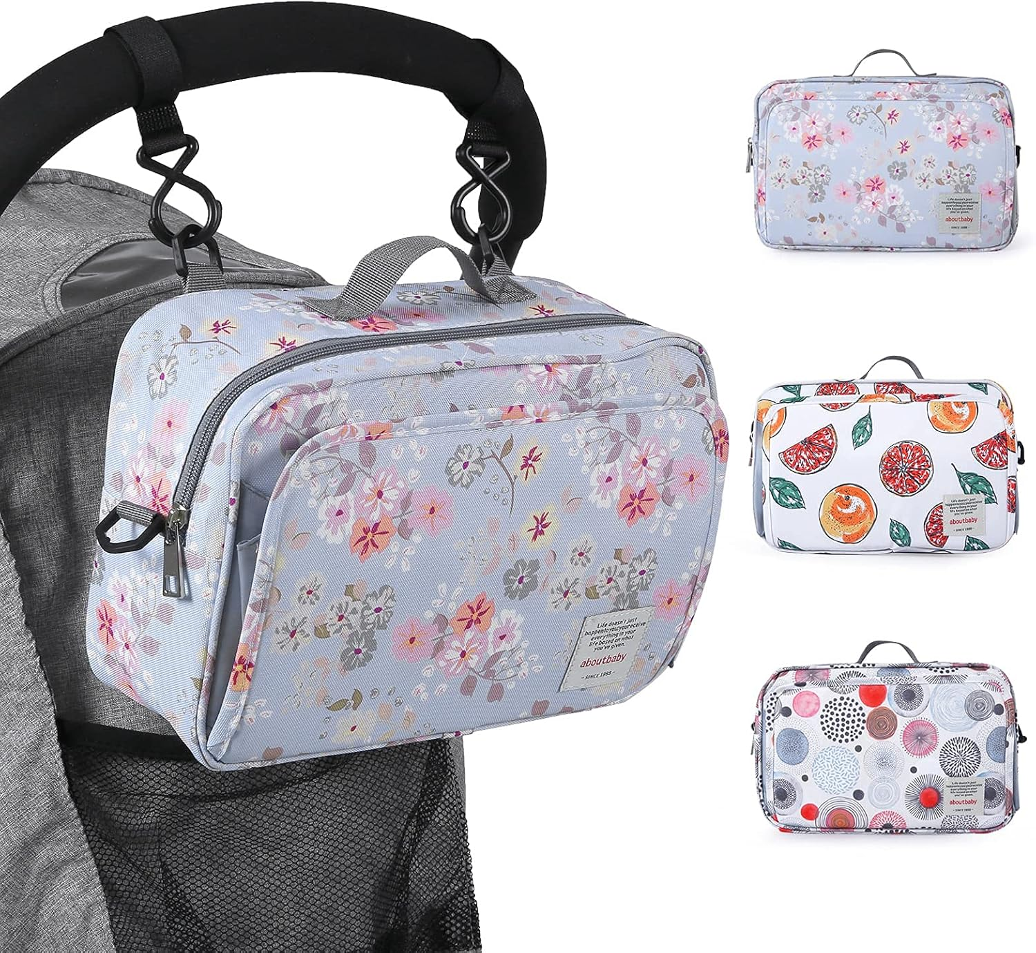 Small Diaper Bag, Stroller Organizer Bags for Baby with Insulated Pocket, Stroller Hooks and Adjustable Strap,Universal Mini Diaper Tote Bags Fit All Strollers, Gray