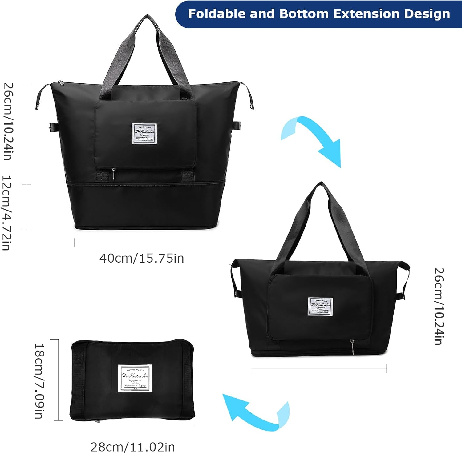 Auolen Large Capacity Folding Travel Bag, Foldable Travel Duffel Bag, Dry and Wet Separation Sports Portable Shoulder Bag, Travel Lightweight Waterproof Carry Luggage Bag (Black) image number 3