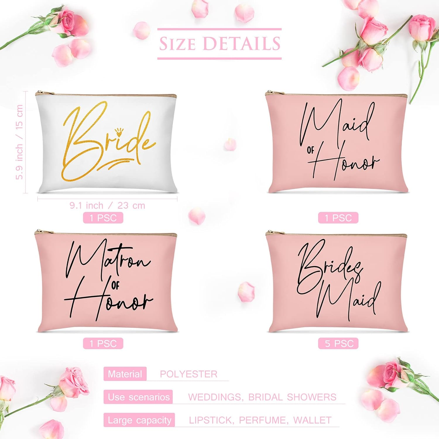 8 Pieces Bridesmaids Makeup Bag Wedding Bridal Makeup Bag Cosmetic Canvas Bag Matron of Honor Bag Wedding Print Cosmetic Bag for Women Brides Bridesmaids Wedding Parties, Lovely Pattern, Cosmetic Bag