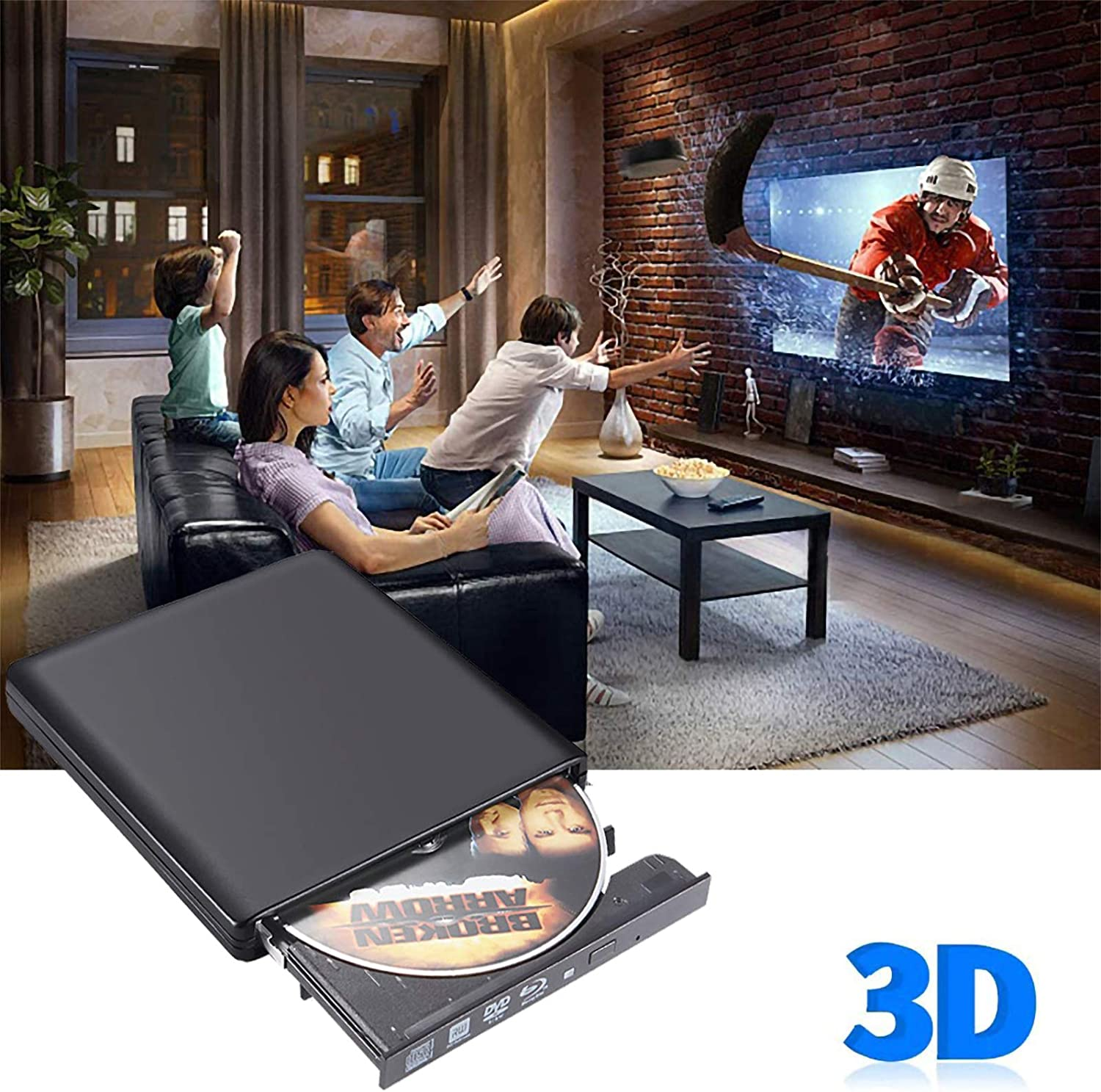 External CD DVD Drive, Slim Portable External CD Rewriter Burner Writer, Low Noise High Speed Data Transfer USB Optical Drive for Laptop/Pc Desktop/Mac Os/Linux/Windows 11/10/8/7/Xp-Black image number 2