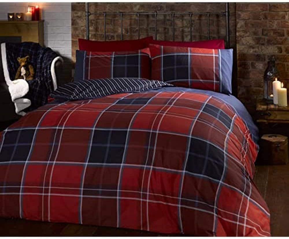 Rapport Finest Homewares Argyle Tartan King Quilt Duvet Cover and 2 Pillowcase, Grey