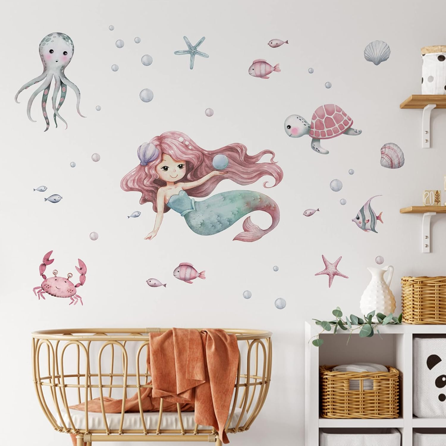 Mfault Mermaid under the Sea Wall Decals Stickers, Baby Girls Ocean Creatures Nursery Decoration Bedroom Playroom Art, Coastal Beach Octopus Turtles Shell Bubble Fish Kids Room Bathroom Home Decor image number 3