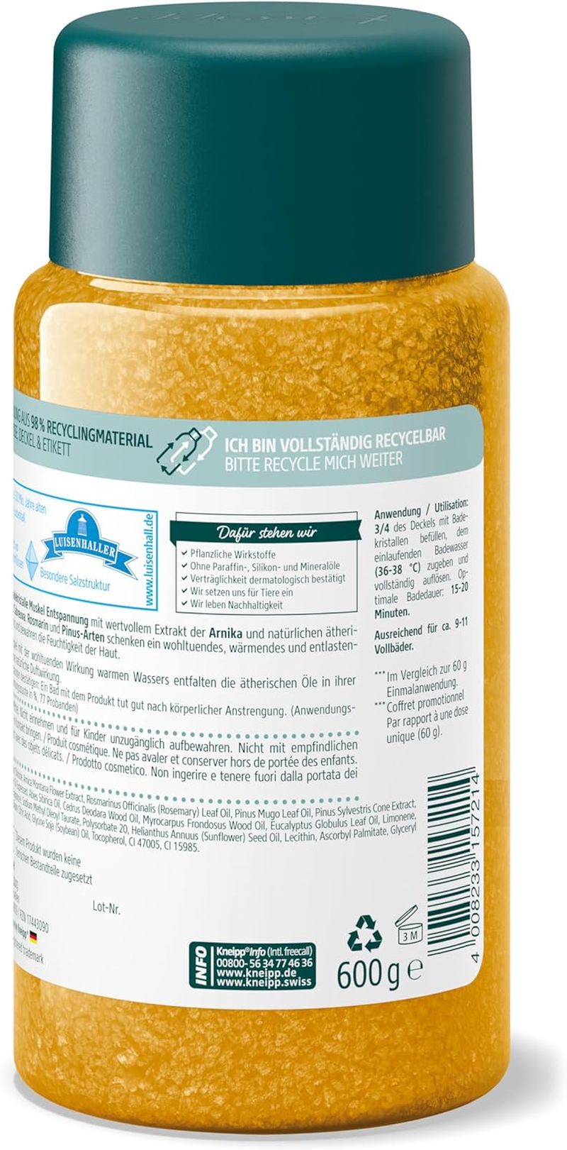 Kneipp Bath Crystals Muscle Relaxation &ndash; Storage Pack &ndash; with Natural Deep Saline from Luisenhall & with Extract of Arnica & Essential Oils from Cabreuva, Rosemary & Pinus Species &ndash; 600 G