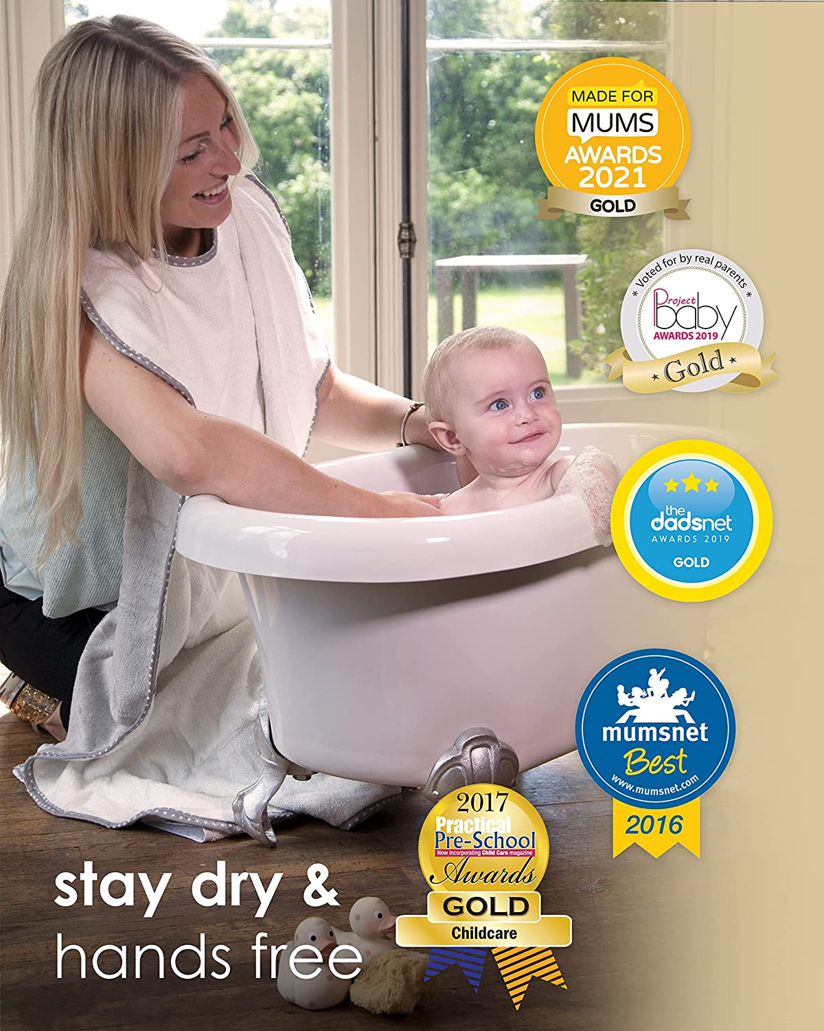 Cuddledry Hands-Free Baby Bath Towel | Soft Bamboo & Cotton Apron | Newborn Support & Gift | Fast-Drying, Safe & Absorbent | Grey - White image number 5