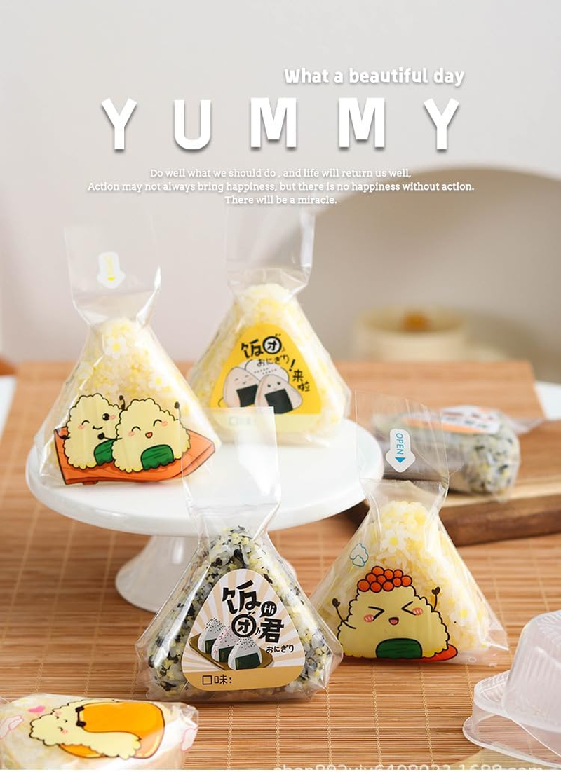 50Pcs Triangle Onigiri Wrappers,Onigiri Wrap Film, with Cute Sticker， Easy to Tear Tear Disposable Onigiri Wrappers,Onigiri Maker Accessory image number 1