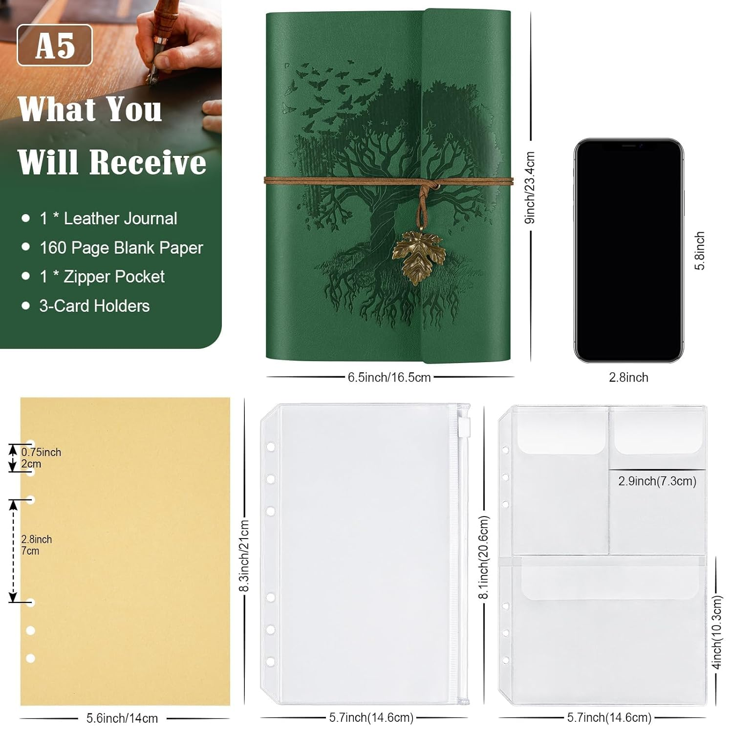 Leather Journal Notebook, Travel Journal with 2 Pockets, Vintage Refillable Journal for Writing, Diary Journal for Women, Men, Girls and Boys, 100GSM Blank Paper, 160 Pages (Green A5 16.5 X 23.4Cm) image number 6