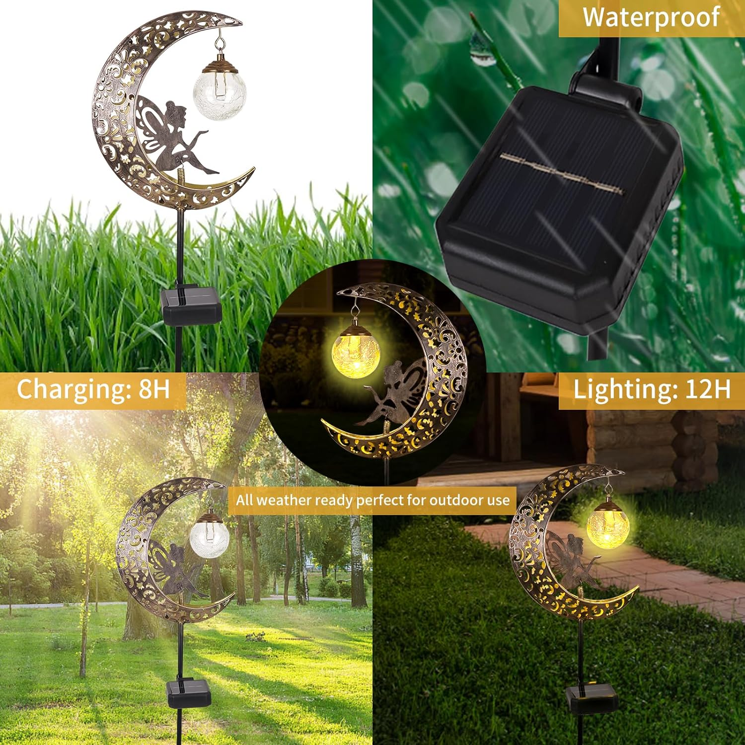 Solar Lights Outdoor Garden Decor LED Moon Fairy Crackle Glass Lights Waterproof Metal Stake Ornament for Patio Lawn Yard outside Decorations- Unique Gift Ideas for Gardening (Warm White) image number 2
